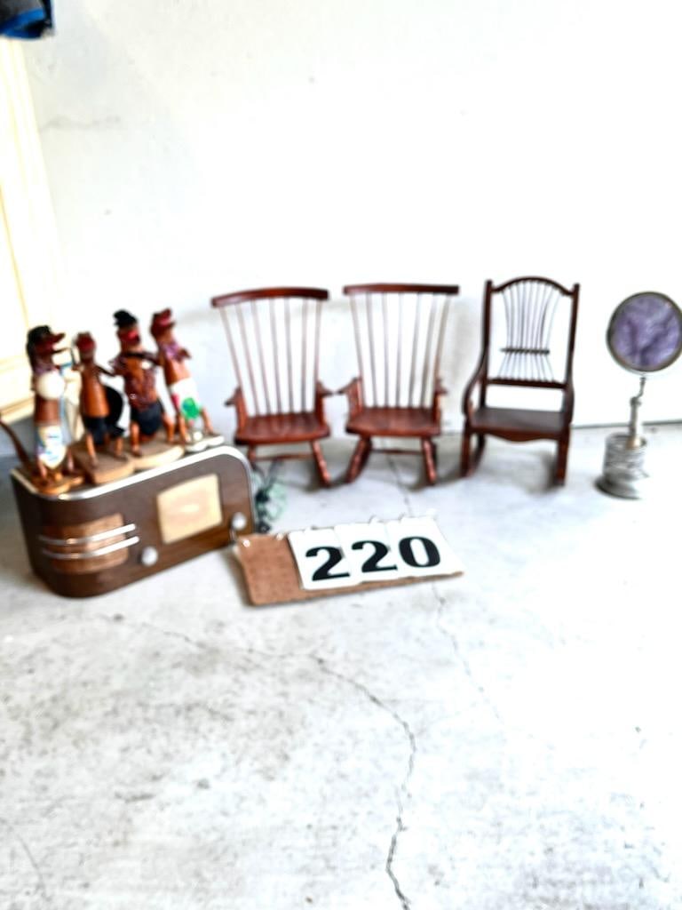 Nine Miscellaneous Vintage Pieces: Nine miscellaneous vintage pieces. Three contemporary wood doll rockers, 8"w x 15"h. Four real taxidermy Florida alligators. True Tone radio, 15" x 7". Mustache holder with brush, 7"w x 16"h. From the