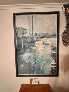 Signed Contemporary Impressionistic Oil Painting: Signed contemporary impressionistic oil painting of harbor with boats. Titled "In Port Gloucester". Signature illegible, see photos. Frame is 35"w x 57"h. Painting is 31"w x 47"h. From the Fairport, N