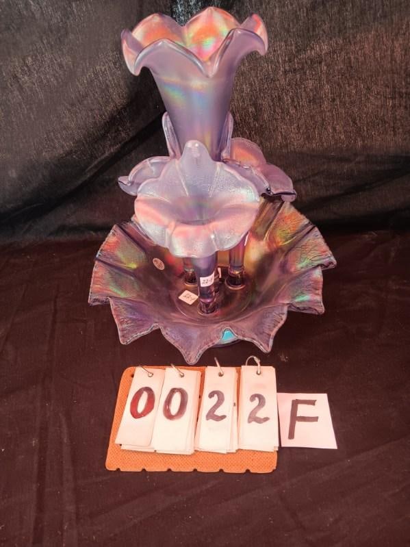 Beautiful Purple Lustre Fenton Bowl: 4 Tube Epergne signed with impressed mark, signed in 5 places all flower tubes are perfect, 1 chip on inside of middle bowl (see photo)