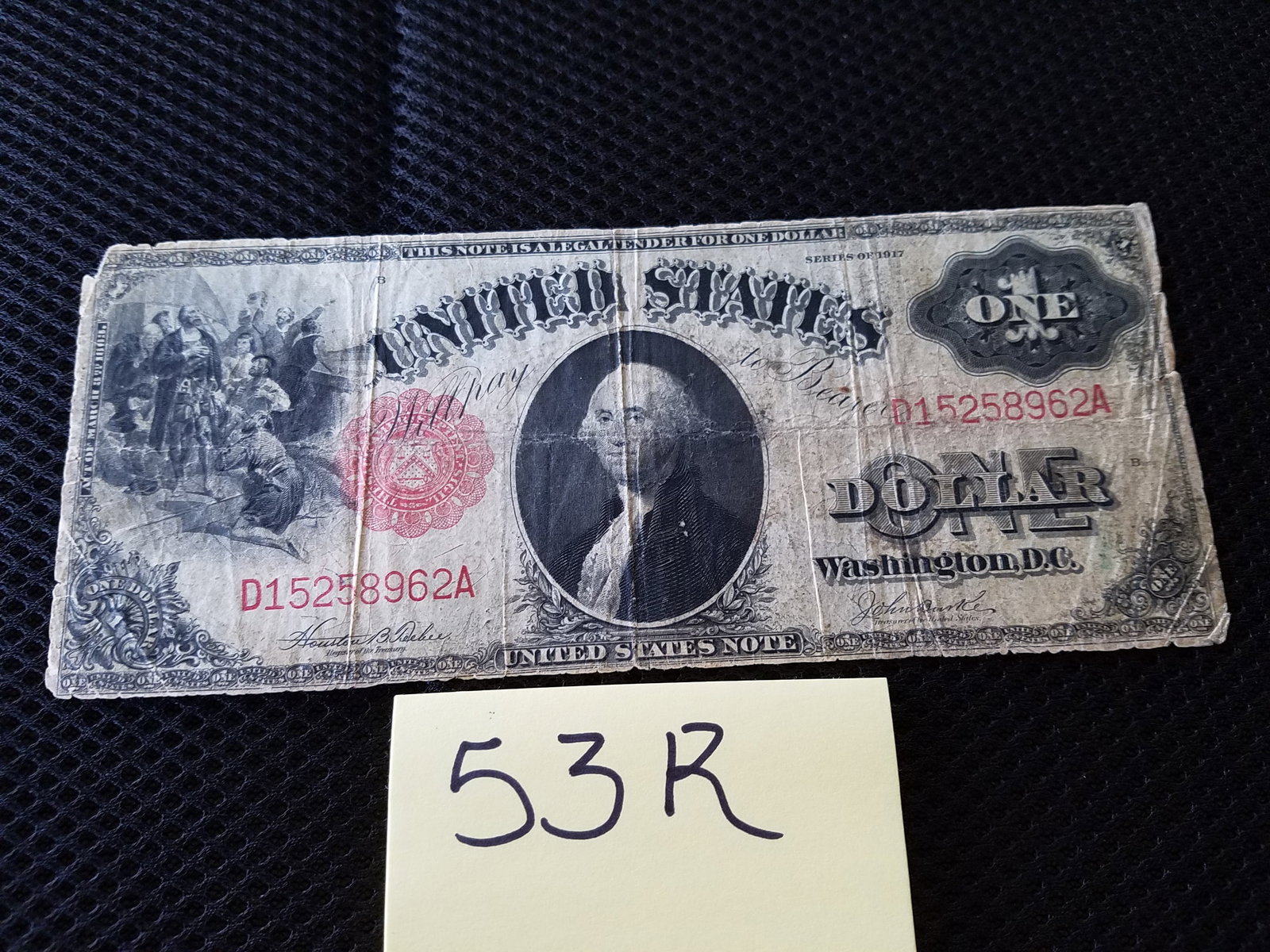 1917 $1 Legal Tender Note: 1917 $1 Legal Tender Note, Teehee/Burke. Sawhorse Reverse. Torn edges and missing corner. Serial No. D15258962A. See photos. From the North Syracuse, NY Estate.