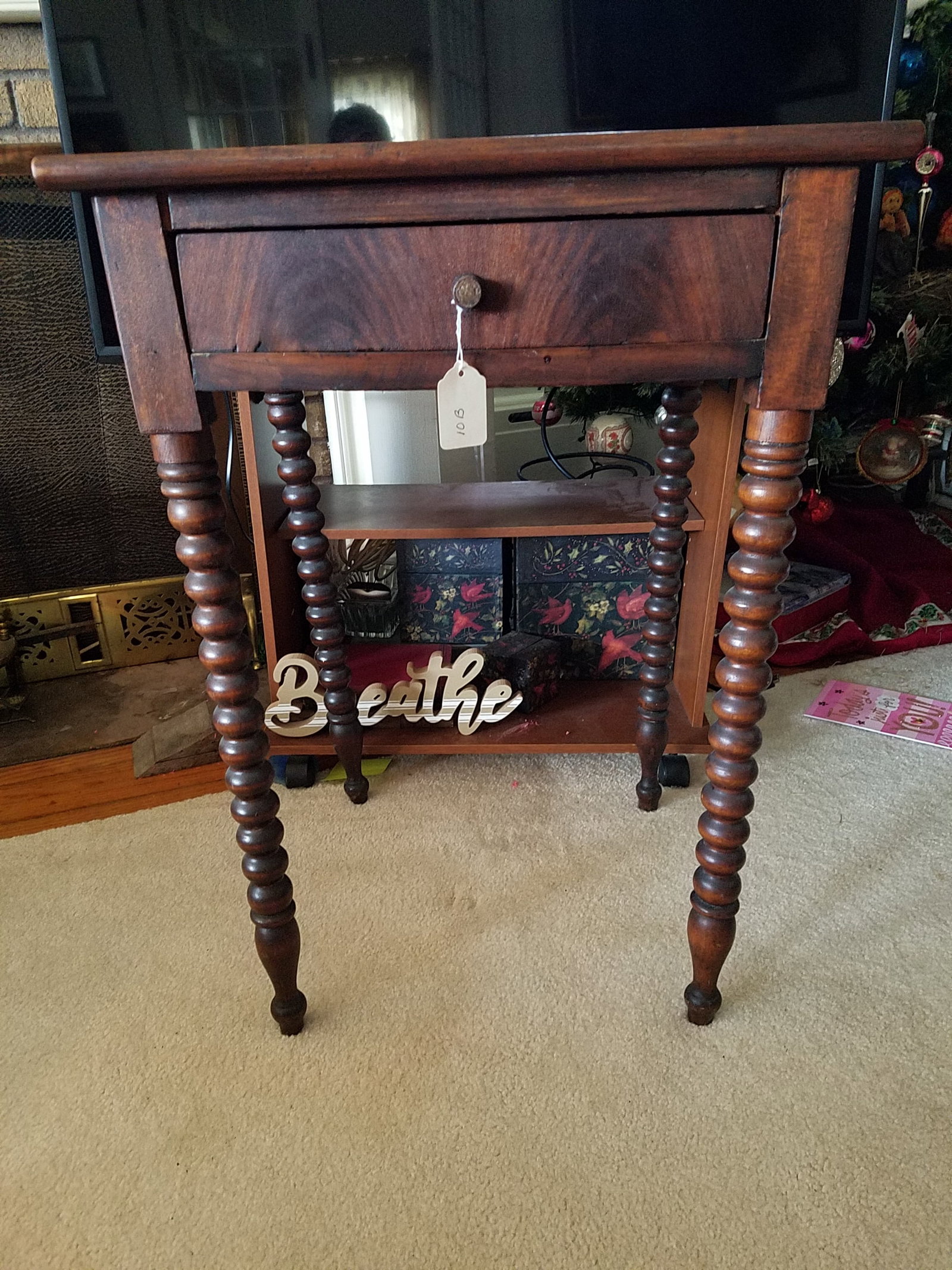 1830s American One Drawer Stand With Spiral Legs: 1830s American one drawer stand with spiral legs. Screw in top and crack in back. 21"l x 17"w x 28.75"h. See photos. This item was recently found in an estate in Sherrill, NY, and is offered for sale 