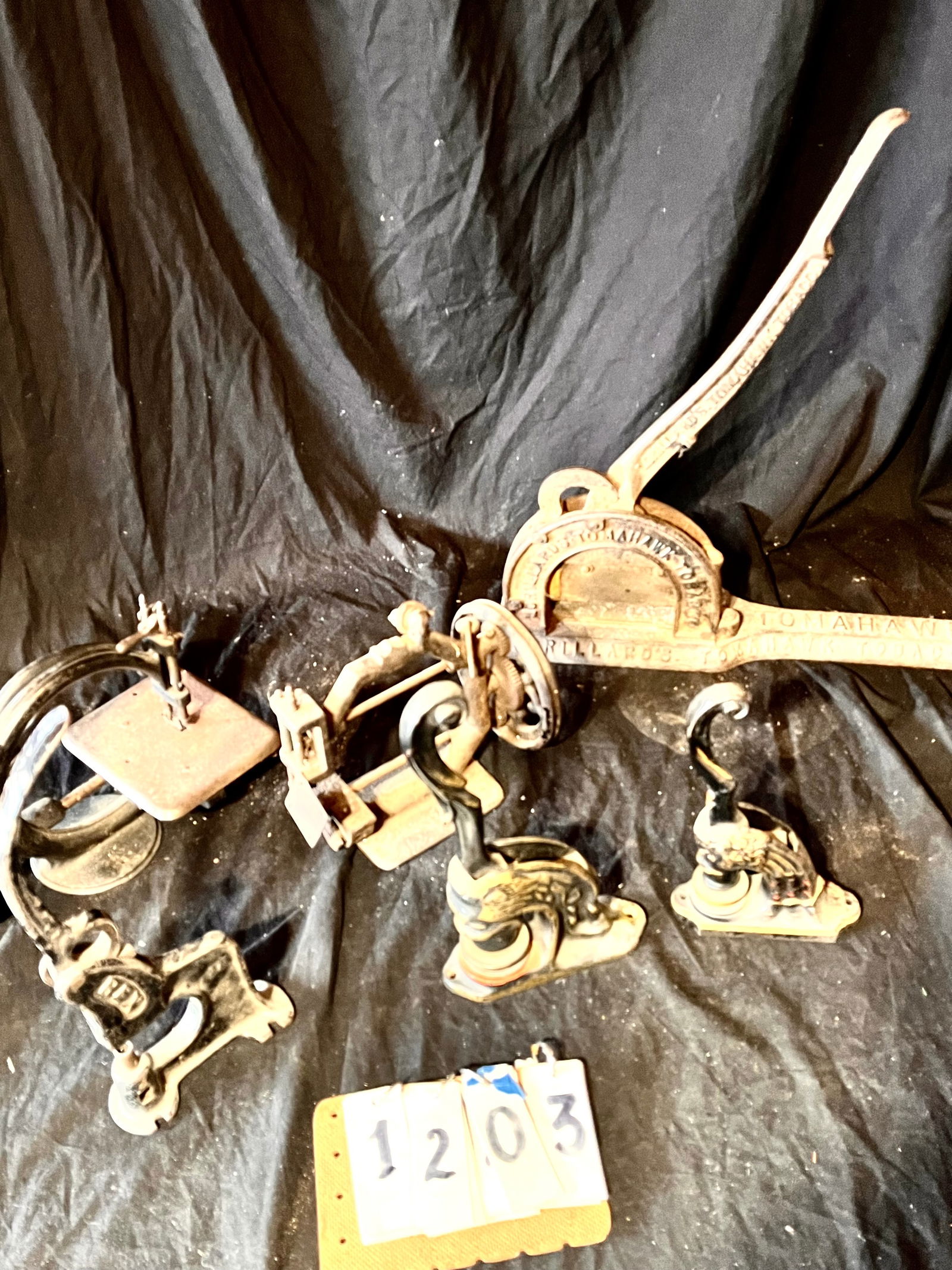 19c Three Iron Stamps, Two 19c Sewing Machine, Tomahawk Tobacco Cutter (1 of 7)