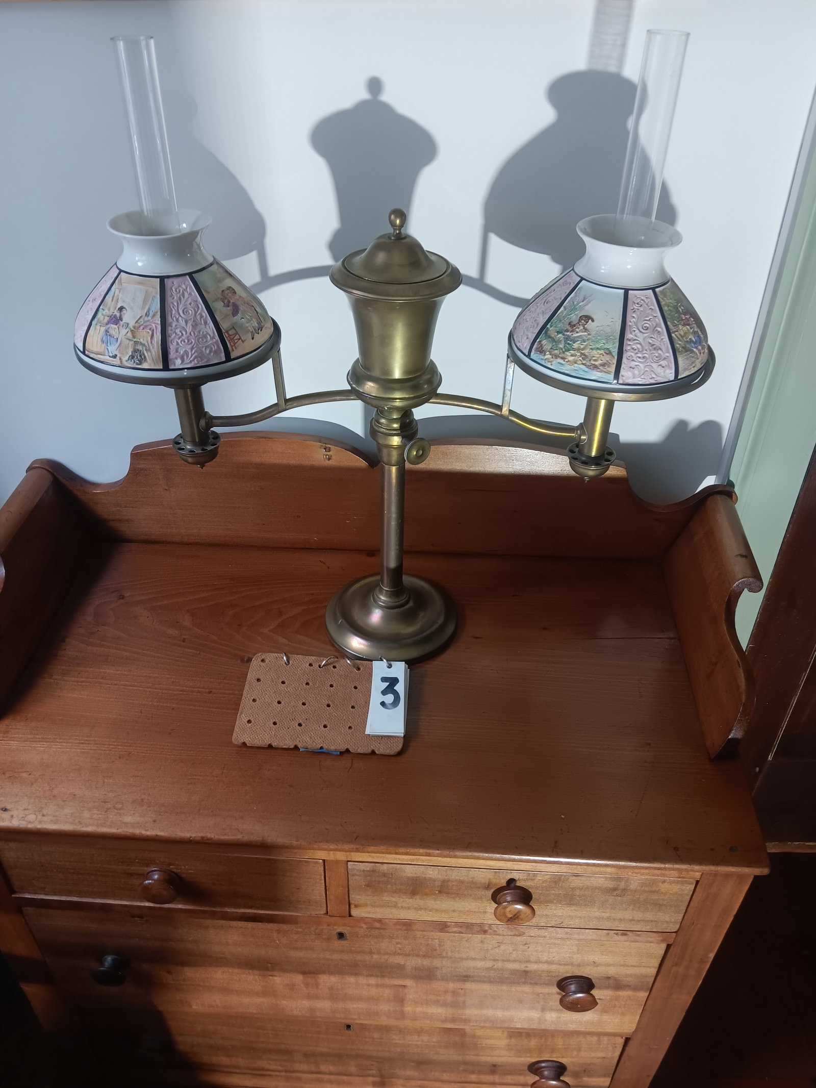 Rare 19c Double Brass Student Lamp with Milk Glass Lithophane Shades (1 of 11)