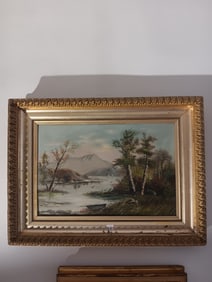 19c Oil on Academy Board Painting in Gesso Frame