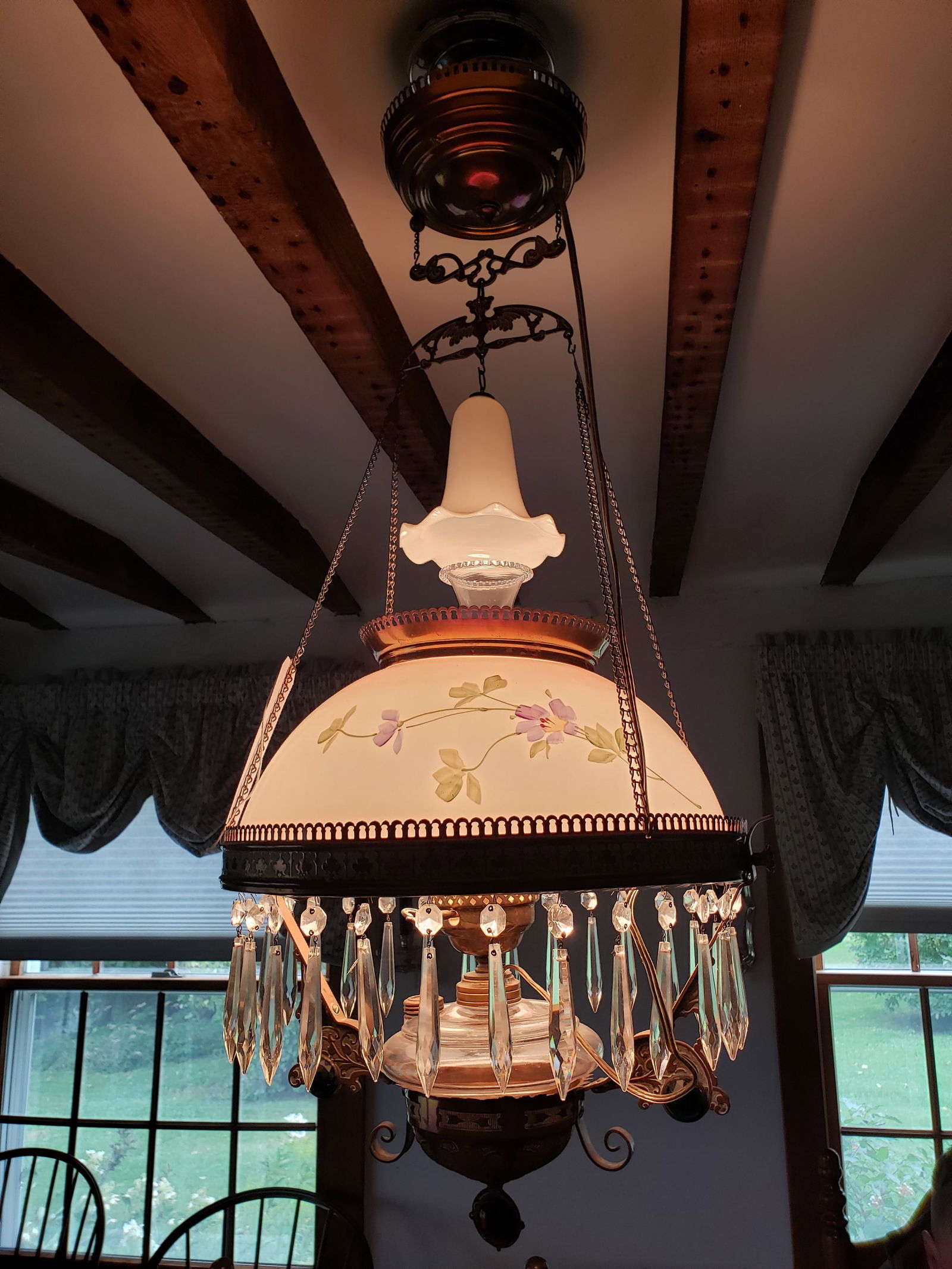 1890s Victorian Jeweled Prismed Brass Hanging Lamp (1 of 5)