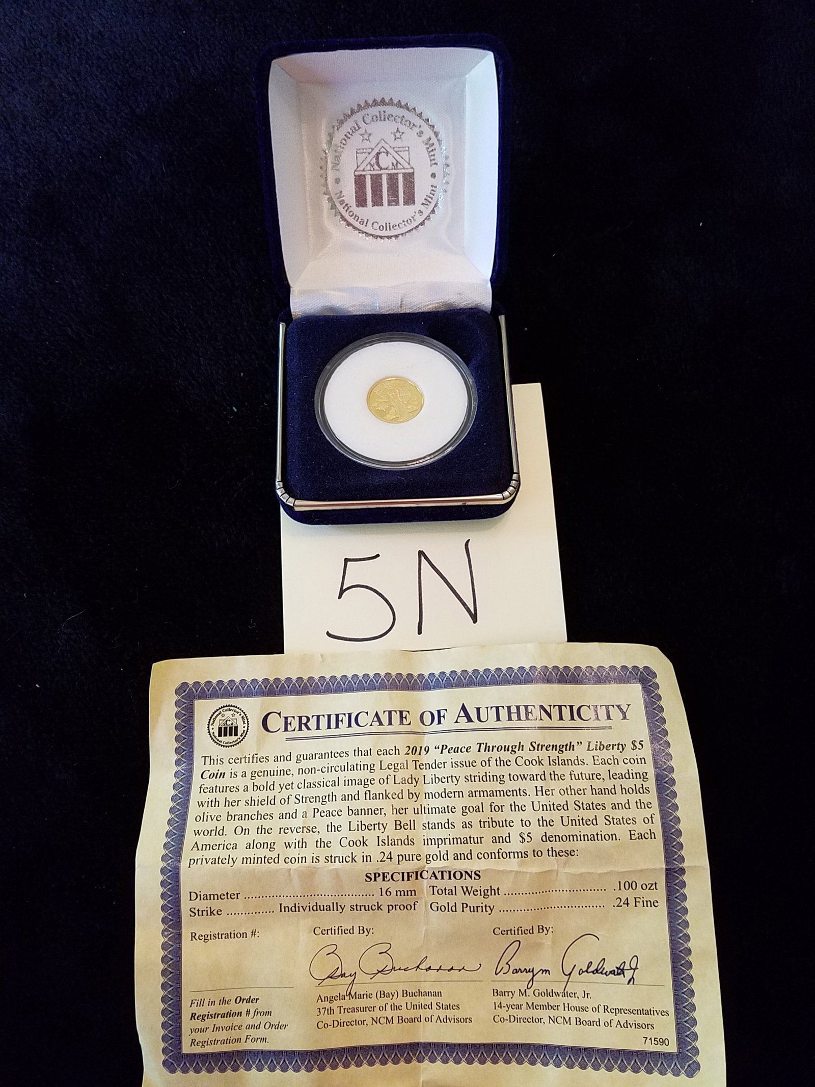 2019 "Peace Through Strength" Liberty $5 Gold Coin: 2019 "Peace Through Strength" Liberty $5 Gold Coin. Legal Tender issue of the Cook Islands. 16mm diameter. 0.1 troy oz. of .24 fine gold purity. Please read the Terms and Conditions of this auction th