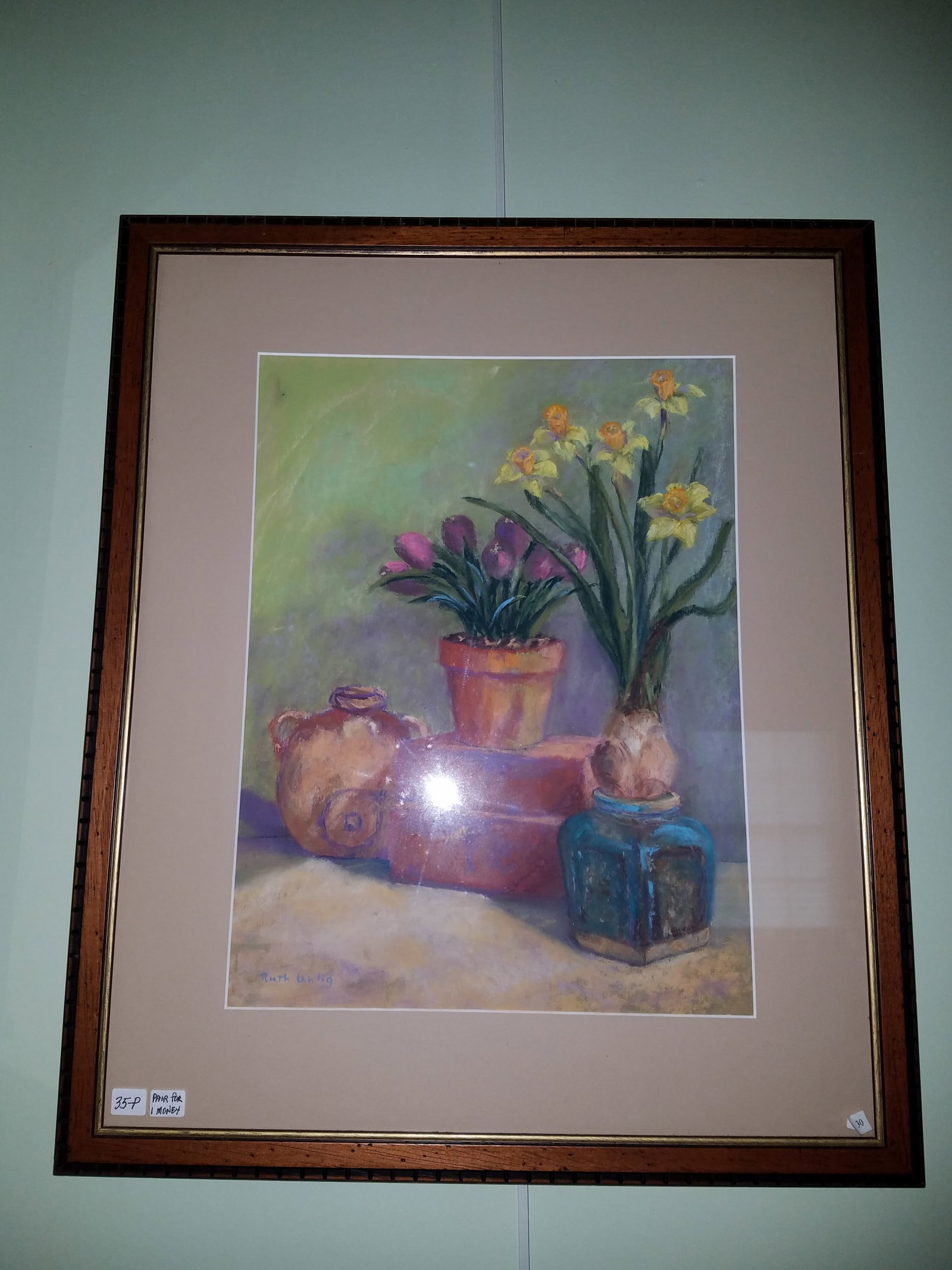 Two Ruth A. Uhlig Pastel Paintings: Two Ruth A. Uhlig pastel paintings. One titled "Forced Bulbs". Frame is 21.75"w x 26"h. Painting is 13.5"w x 17.75"h. One titled "Glass from Venice". Frame is 17.25"w x 18"h. Painting is 11.5"w x 12"h