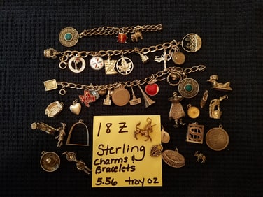Three Sterling Silver Charm Bracelets and Charms