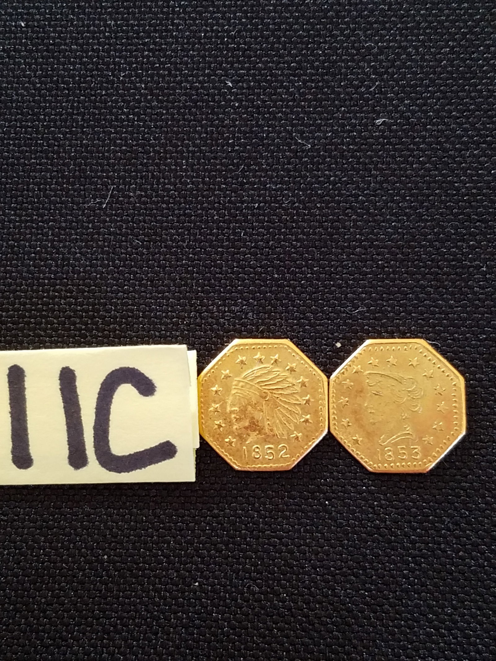 American 1852 and 1853 California Gold Coins: American 1852 and 1853 California gold coins. 100% gold. In circulated condition. See photos.