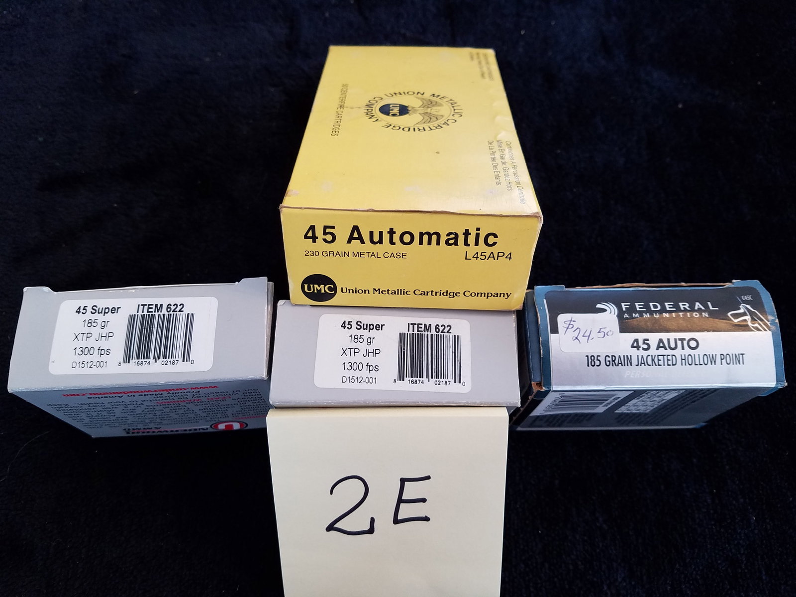 45 Auto Ammo: 45 Auto ammunition. Assorted manufactures. Four full factory boxes. 110 rounds total. See photos.