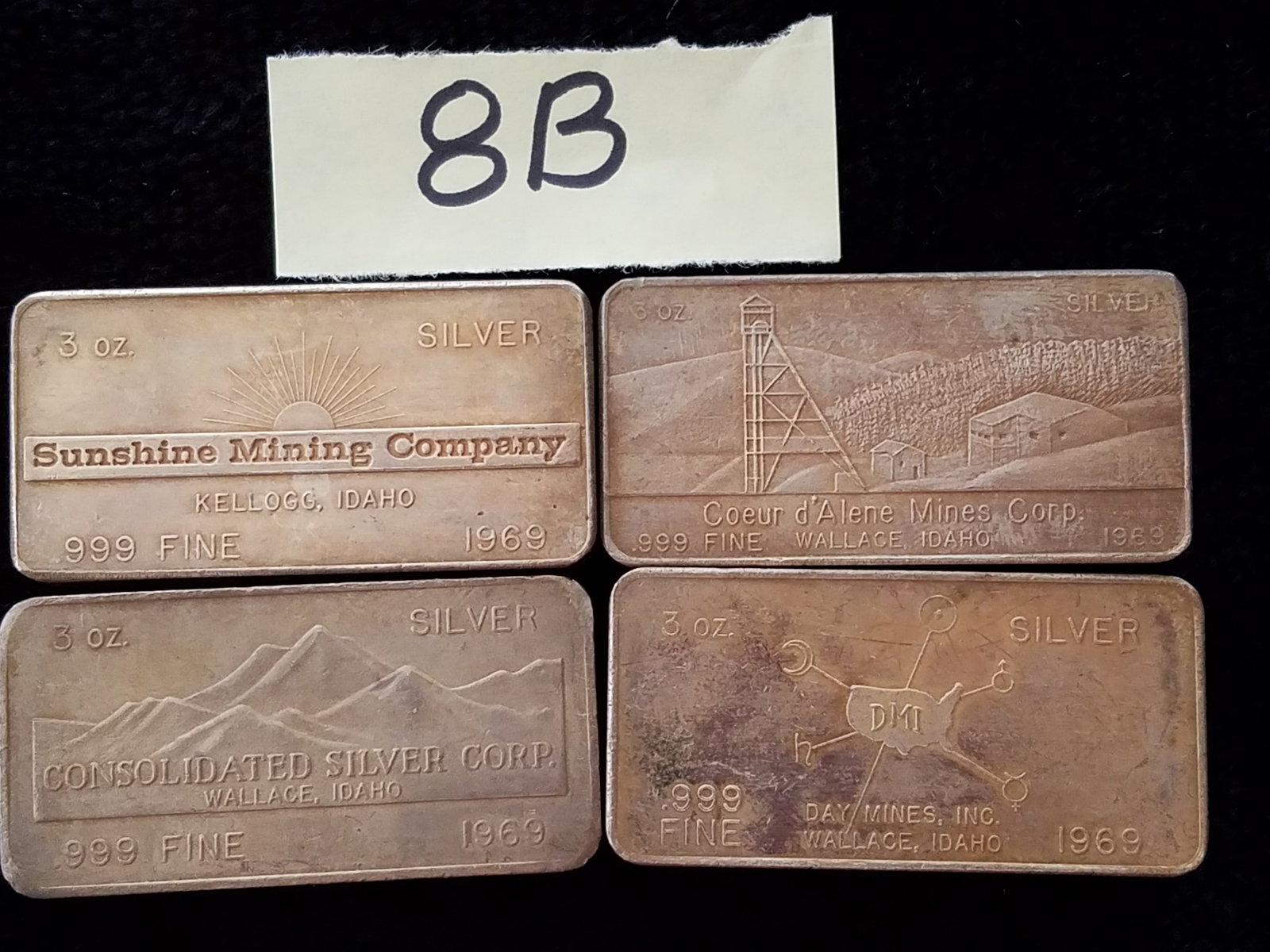 Four Foster .999 Silver 3 oz. Bars: Four Foster .999 silver 3 oz. bars. Bar 1 - 1969 Sunshine Mining Co. of Kellogg, Idaho. Bar 2 - 1969 Coeur d'Alene Mines Corp. of Wallace, Idaho. Bar 3 - 1969 Consolidated Silver Corp. of Wallace, Ida