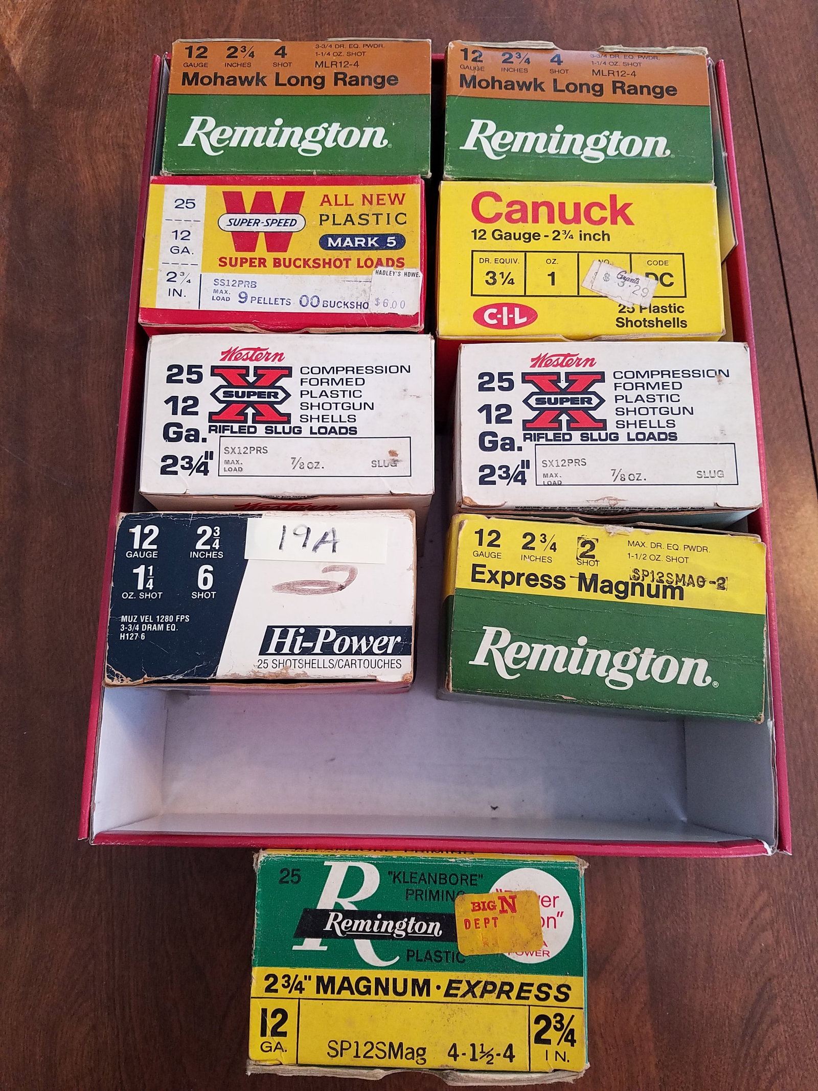 Assorted 12 Gauge 2.75" Ammo: Assorted 12 gauge 2.75" ammunition. New in the box to include - two Western (50 rounds), two Remington (47 rounds), two Remington Mohawk (50 rounds), one Winchester (25 rounds), one Canuck (25 rounds)