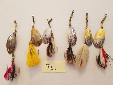 Six Vintage Spinner Baits by W.T.J. Lowe, Herter's and G.M. Skinner