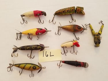 Nine Vintage Wooden Fishing Lures