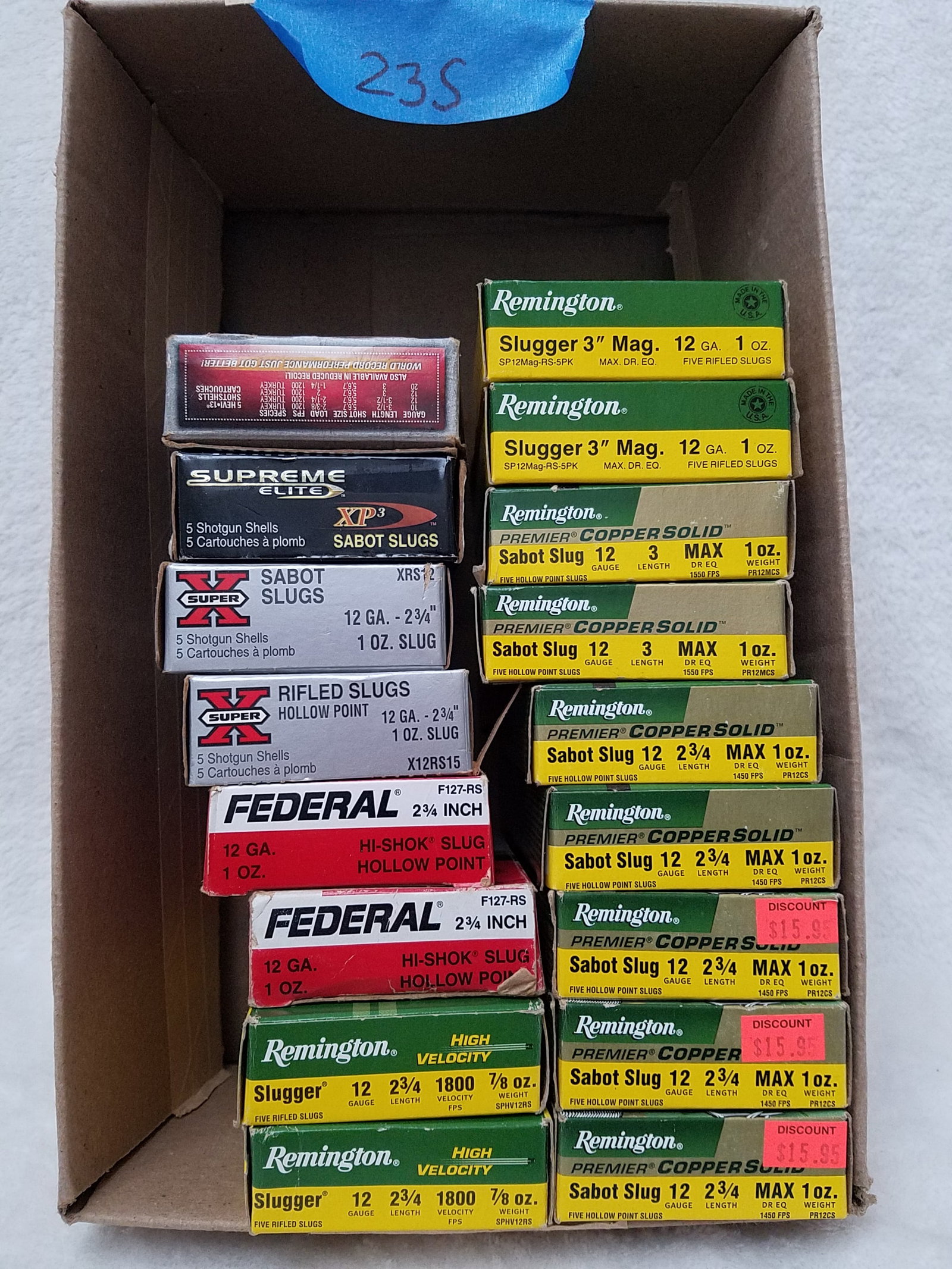 12 Gauge Shotgun Slugs: 12 gauge shotgun slugs. 17 boxes of 12 gauge slugs - 13 boxes of 2.75" (33 total slugs) and 4 boxes of 3" slugs (20 slugs).