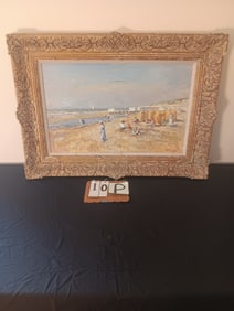 Signed Impressionist Painting of French Beachgoers