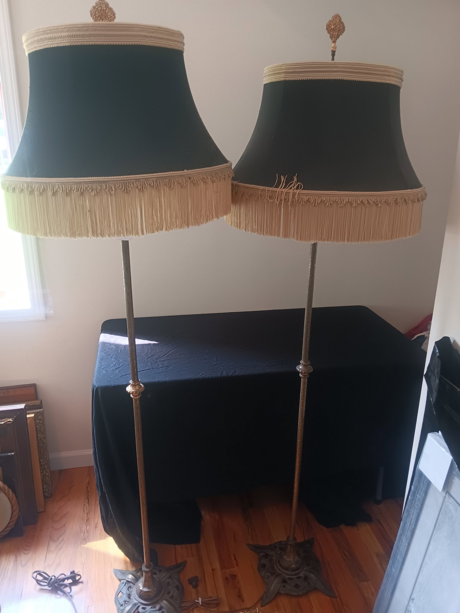 Excellent Pair of Fancy Cast Iron Floor Lamps: Excellent pair of fancy cast iron floor lamps, circa 1920s, with matching contemporary cloth shades. See photos. From the Dr. Thomas Fallon Collection.