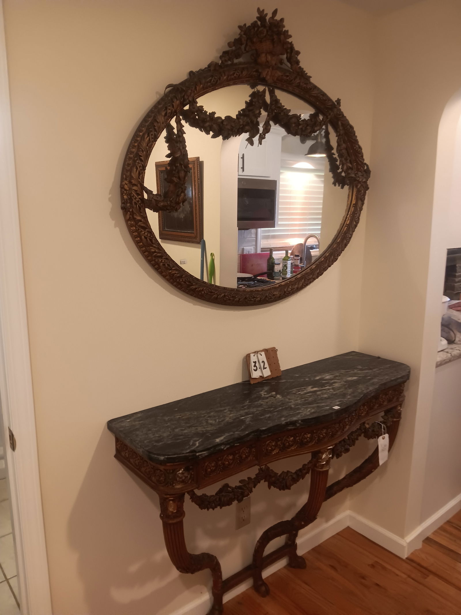 19c Marble Top Two-Part Mirror and Matching Gesso Shelf: 19th century marble topped two-part mirror and matching gesso wall shelf. Gesso is broken and missing many pieces but would be exceptional if restored. Base is 48"w x 16"d x 36.125"h. Mirror is 45"w x