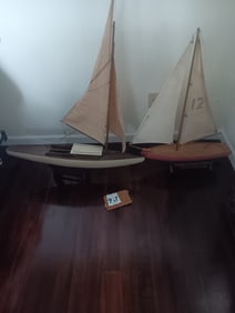 Two 1900s Antique Wood Plank on Frame Model Sailing Ships