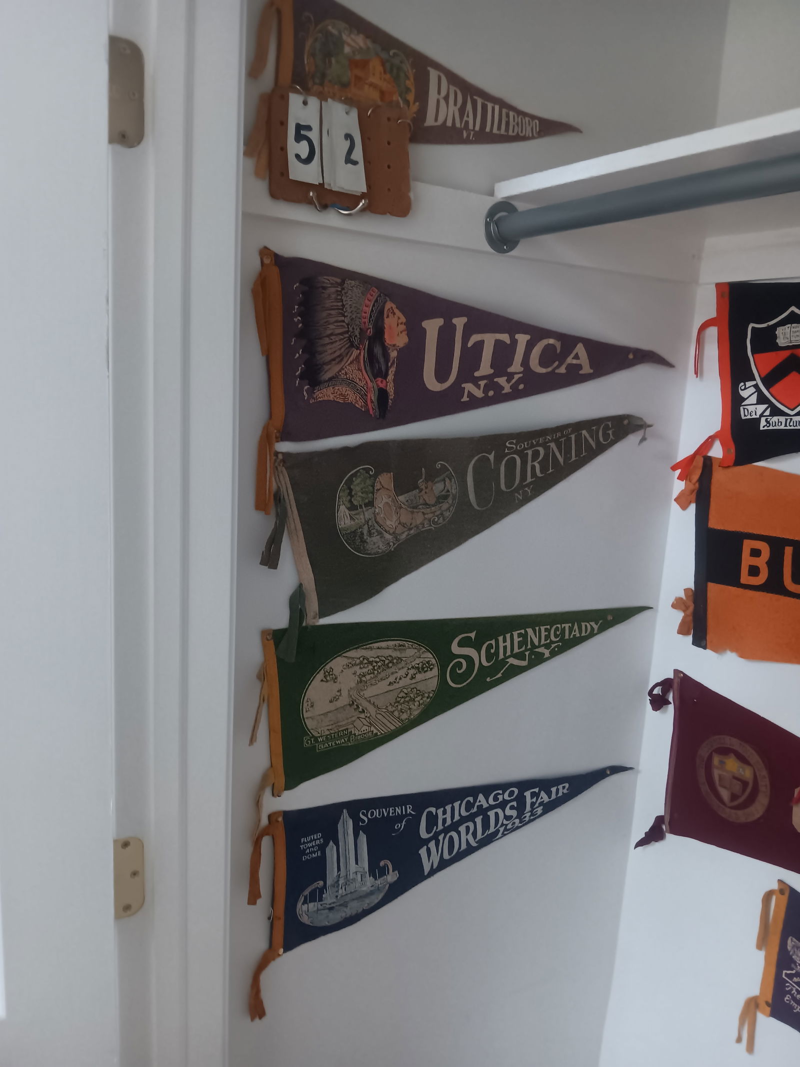 14 Exceptional Vintage Pennants: 14 exceptional vintage pennants. Paris Island, SC, Utica, NY, Corning, 1933 Chicago Worlds Fair, Schenectady, Princeton, Old Forge, Cornell, NYS Thruway, Buffalo, Yale and Geneva. See photos. From the