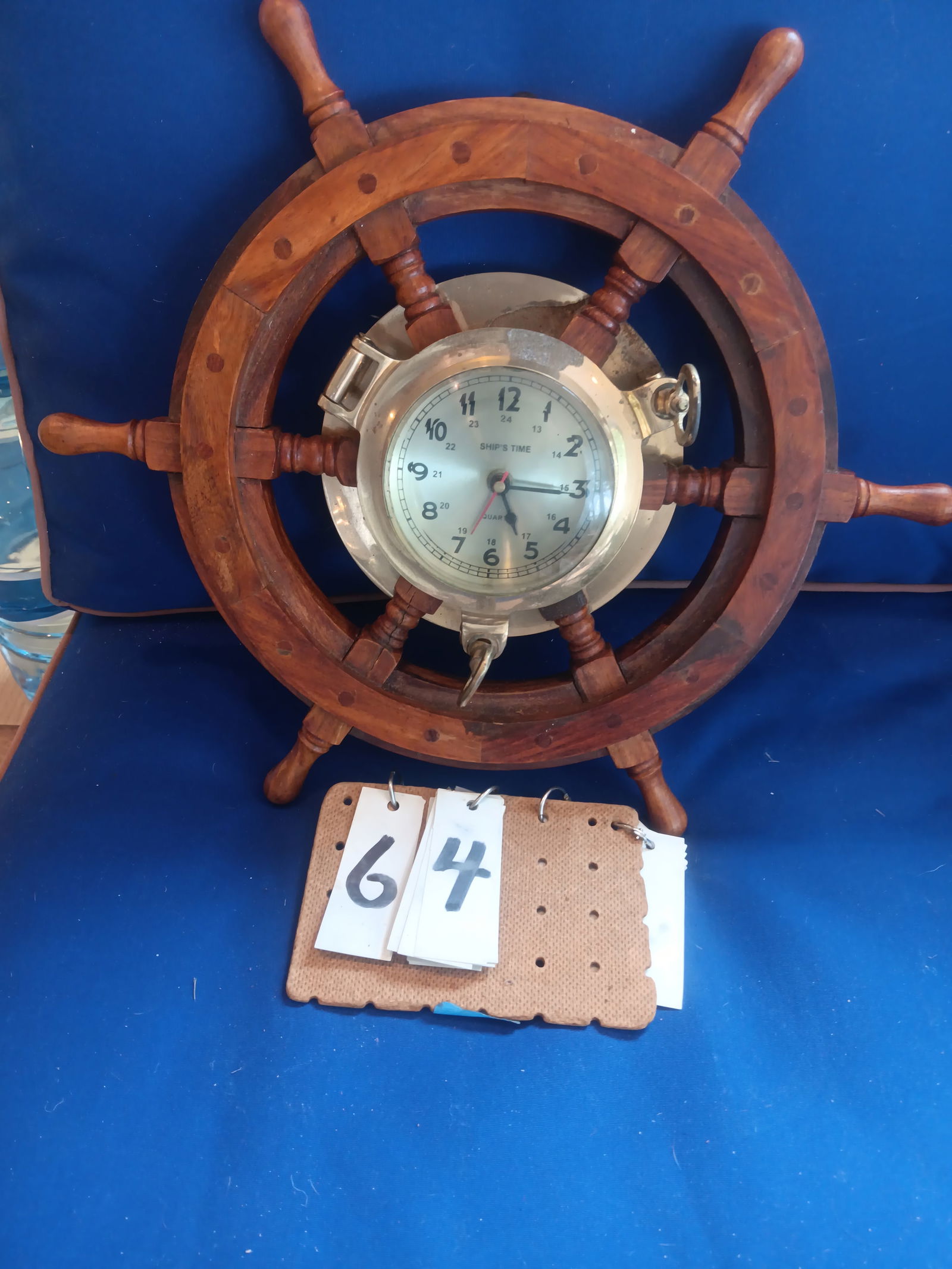 Signed Contemporary Brass Ship Clock: Signed contemporary brass ship clock, battery operated. Signed Ships Time Quartz. 16.875" dia. x 1.5"d. See photos. From the Dr. Thomas Fallon Collection.