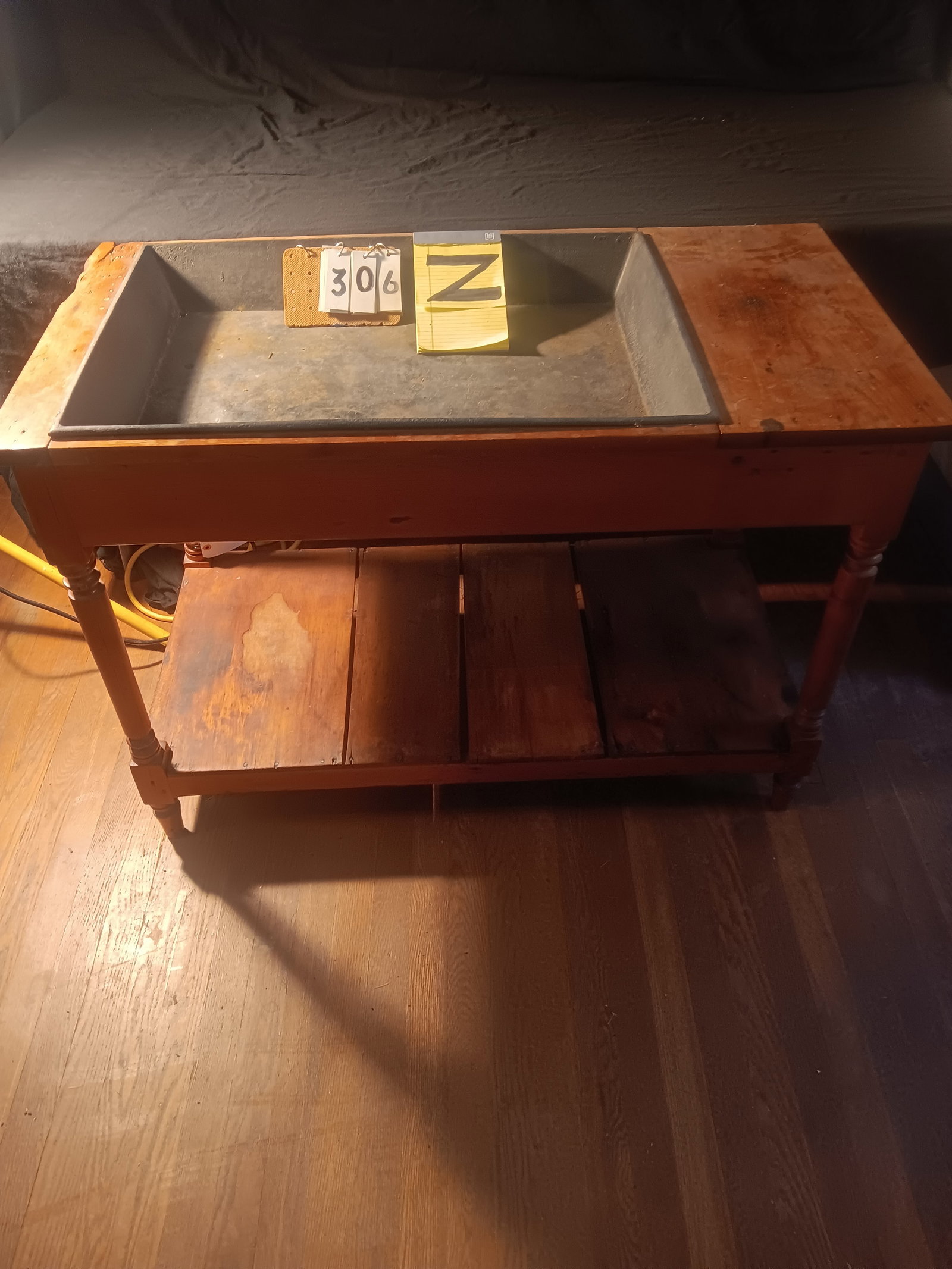 19c Pine Dry Sink with Unusual Iron Insert: 19th century pine dry sink with unusual iron insert. 42.5"w x 22"d x 29.5"l. See photos. From the Fairmont, NY estate of Carrie Gannett, and advanced antique, art and jewelry collector.