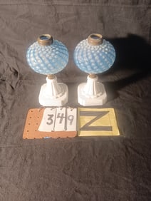 Pair of Matching 1800s Early American Blue Coin Spot Kerosene Table Lamps