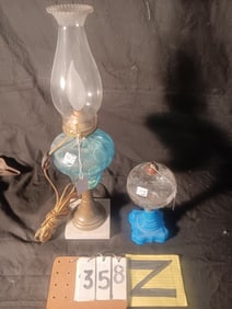 Two Nice 1830s Colored Kerosene Table Lamps