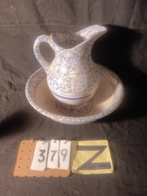 Excellent Blue Spongeware Pitcher and Bowl Set