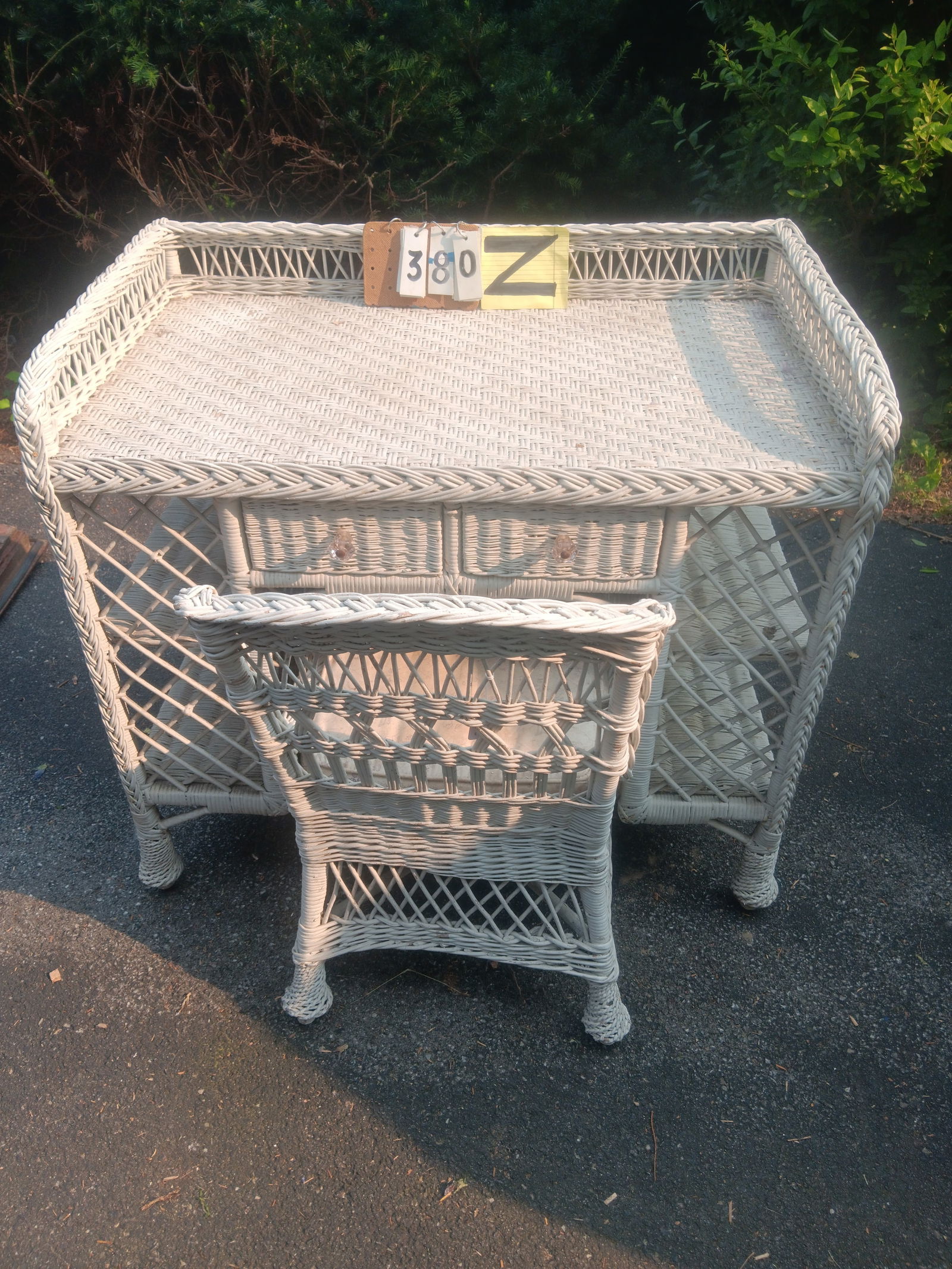 Matching 1900s Bar Harbor Maine Wicker Desk and Chair Set: Matching 1900s Bar Harbor Maine wicker desk and chair set. In excellent condition. 36.8875"w x 23"d x 33.25"h. See photos. From the Fairmont, NY estate of Carrie Gannett, and advanced antique, art and