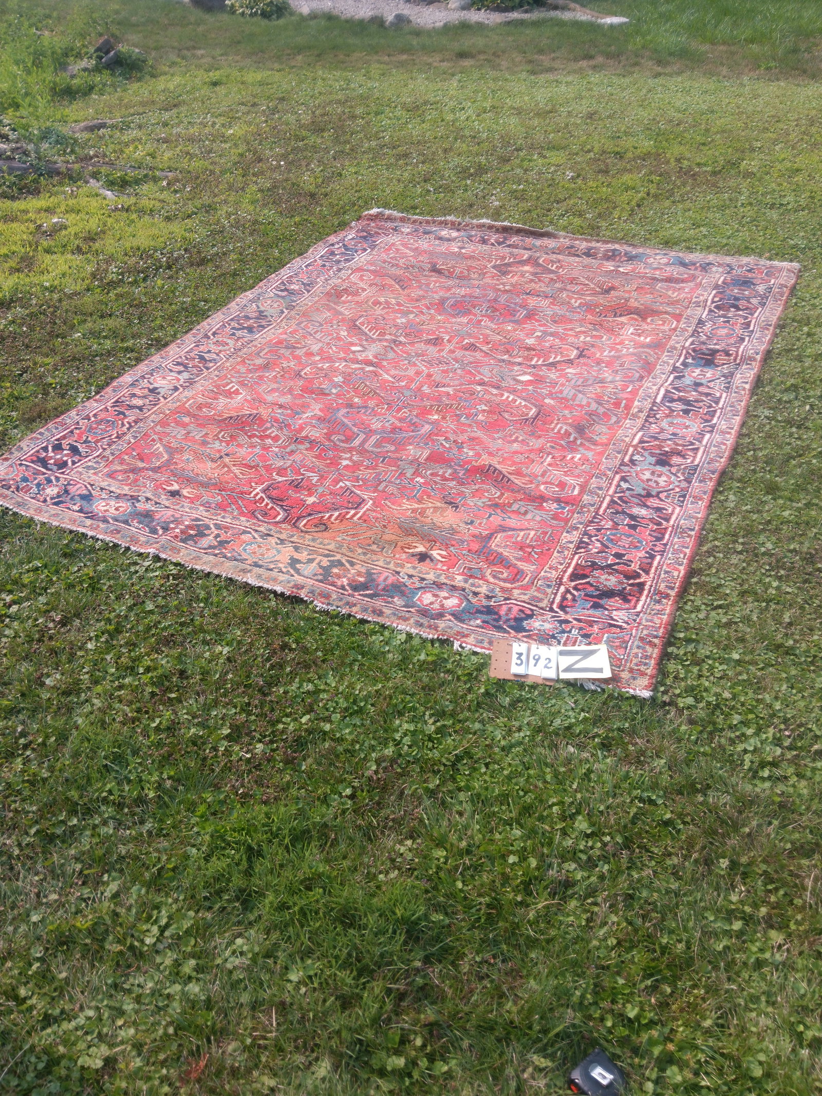 Older Room Size Persian Oriental Rug: Older room size Persian Oriental rug. 95"w x 117.5"l. See photos. From the Fairmont, NY estate of Carrie Gannett, and advanced antique, art and jewelry collector.
