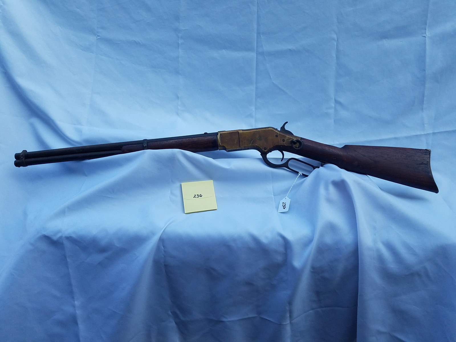 Winchester Model 1866 Golden Boy: Winchester Model 1866 Golden Boy. Saddle ring carbine. Fourth Model. Manufacture dates to 1882. Barrel measures .40 caliber. Unknown if 44 Henry or .44-40. There are no marks on the gun or barrel anyw