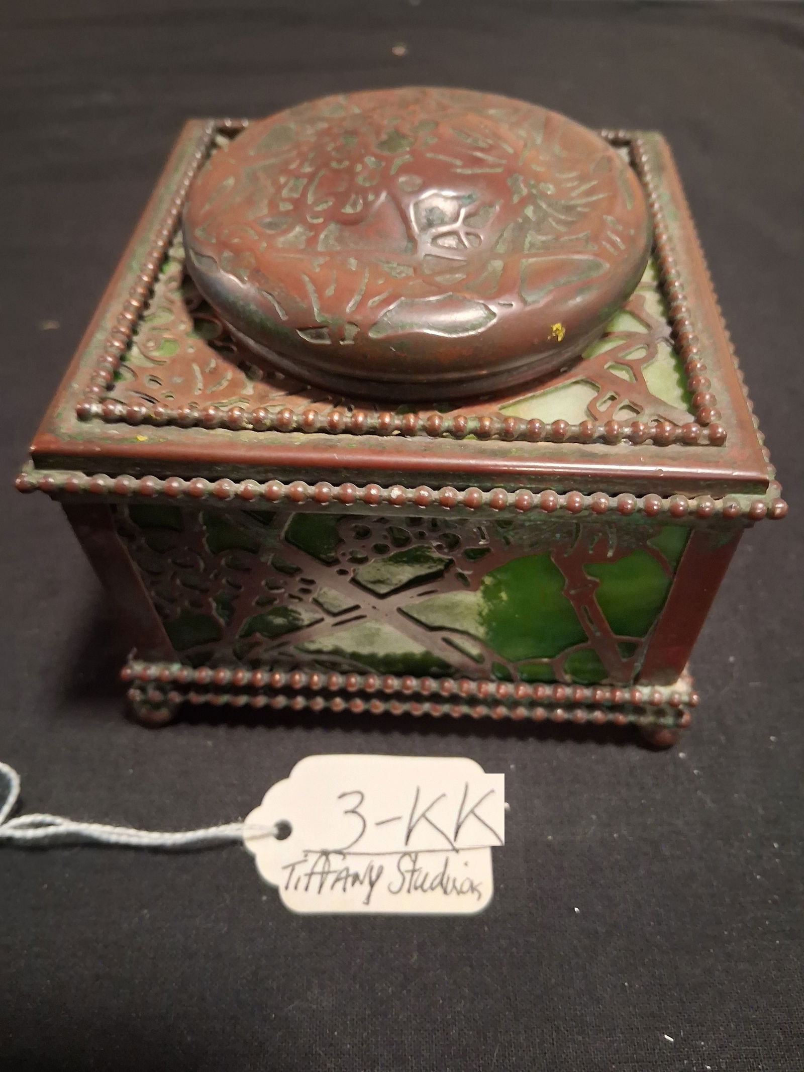 Tiffany Studios Pinecone Inkwell: Tiffany Studios pinecone inkwell. Glass with a green brown patina. Ink insert has been replaced, everything else is original. See photos.