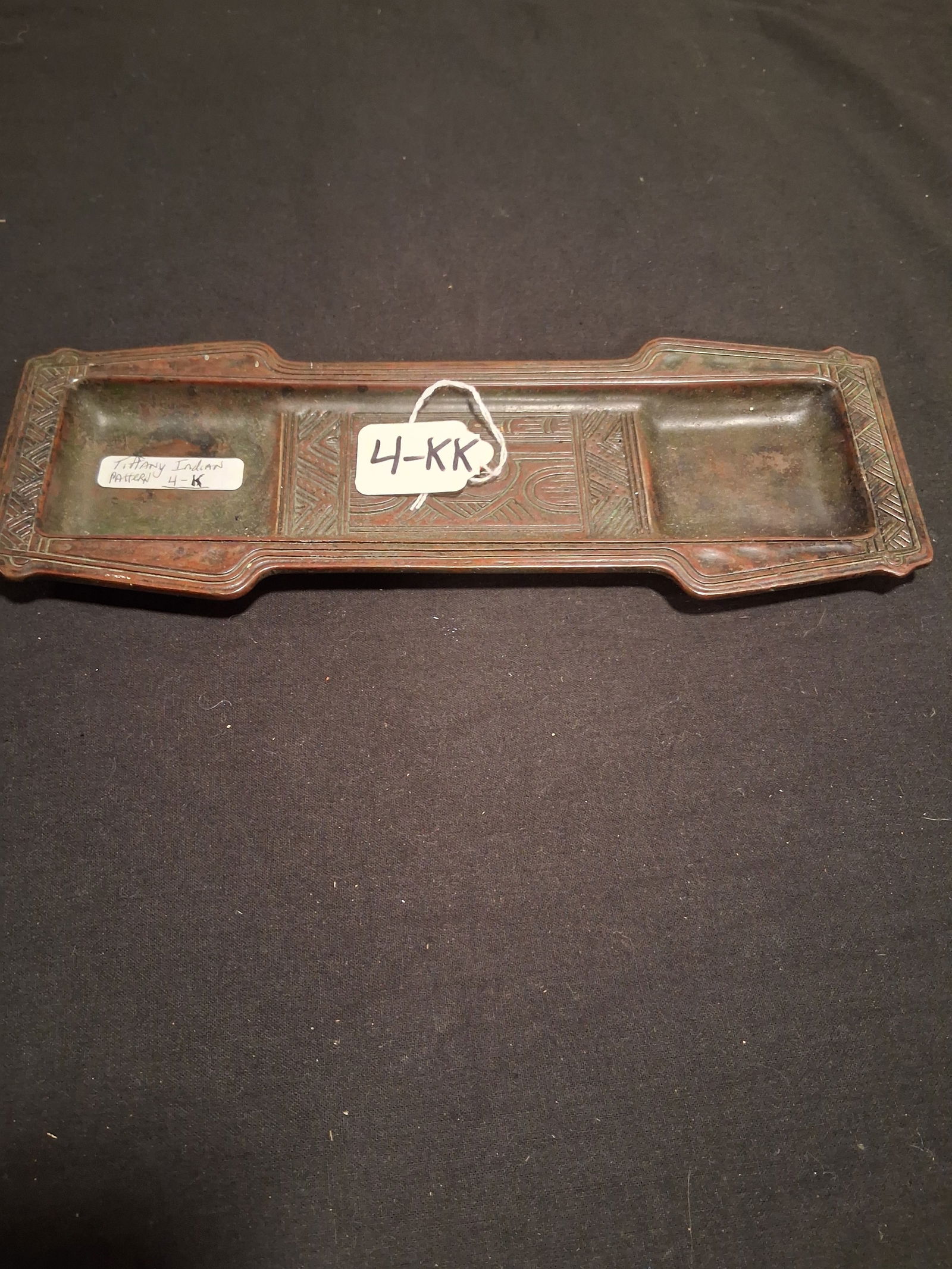 Tiffany Studios Pen Tray: Tiffany Studios pen tray. Glass with a green brown patina. See photos.