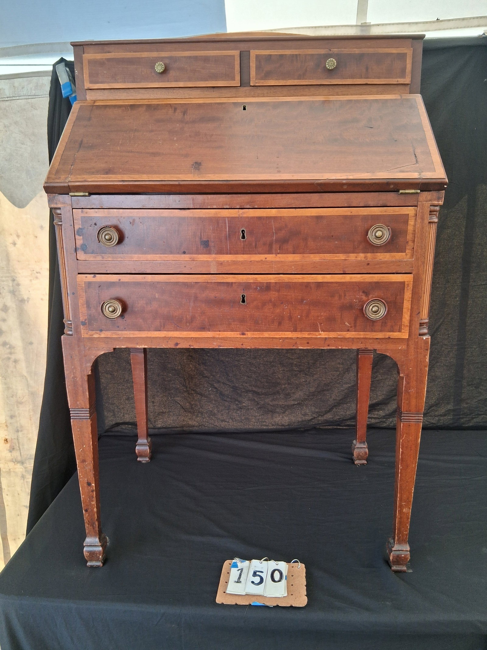 1920s American Inlaid Drop Front Desk: 1920s American inlaid drop front desk. 26.25"w x 19"d x 44"h. See photos. From the Dr. Thomas Fallon Collection.