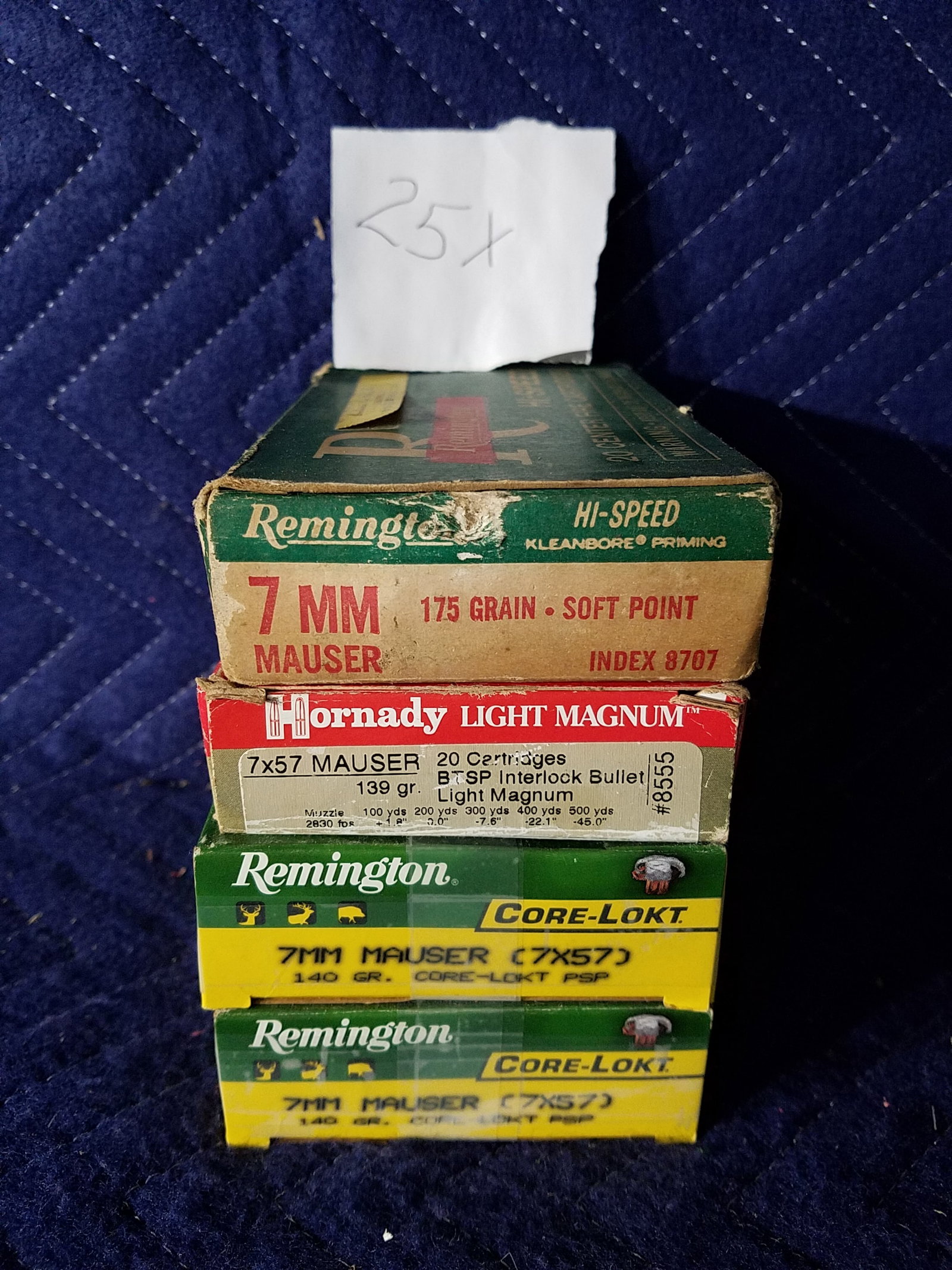 7mm Mauser (7x57) Ammo: 7mm Mauser (7x57) ammunition. Three factory boxes, various manufacturers. 140 and 175 grain, assorted points. 80 rounds total. See photos.