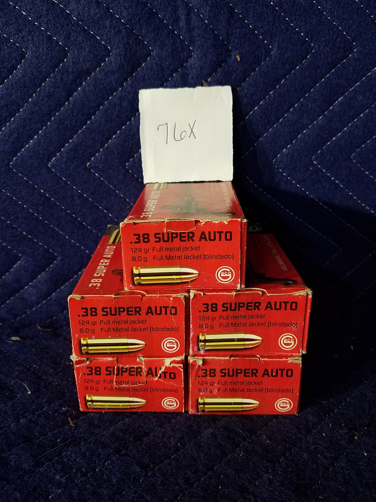38 Super Auto Ammo: 38 Super Auto ammunition. Five factory boxes of Geco, 124 grain FMJ. 250 rounds total. See photos.