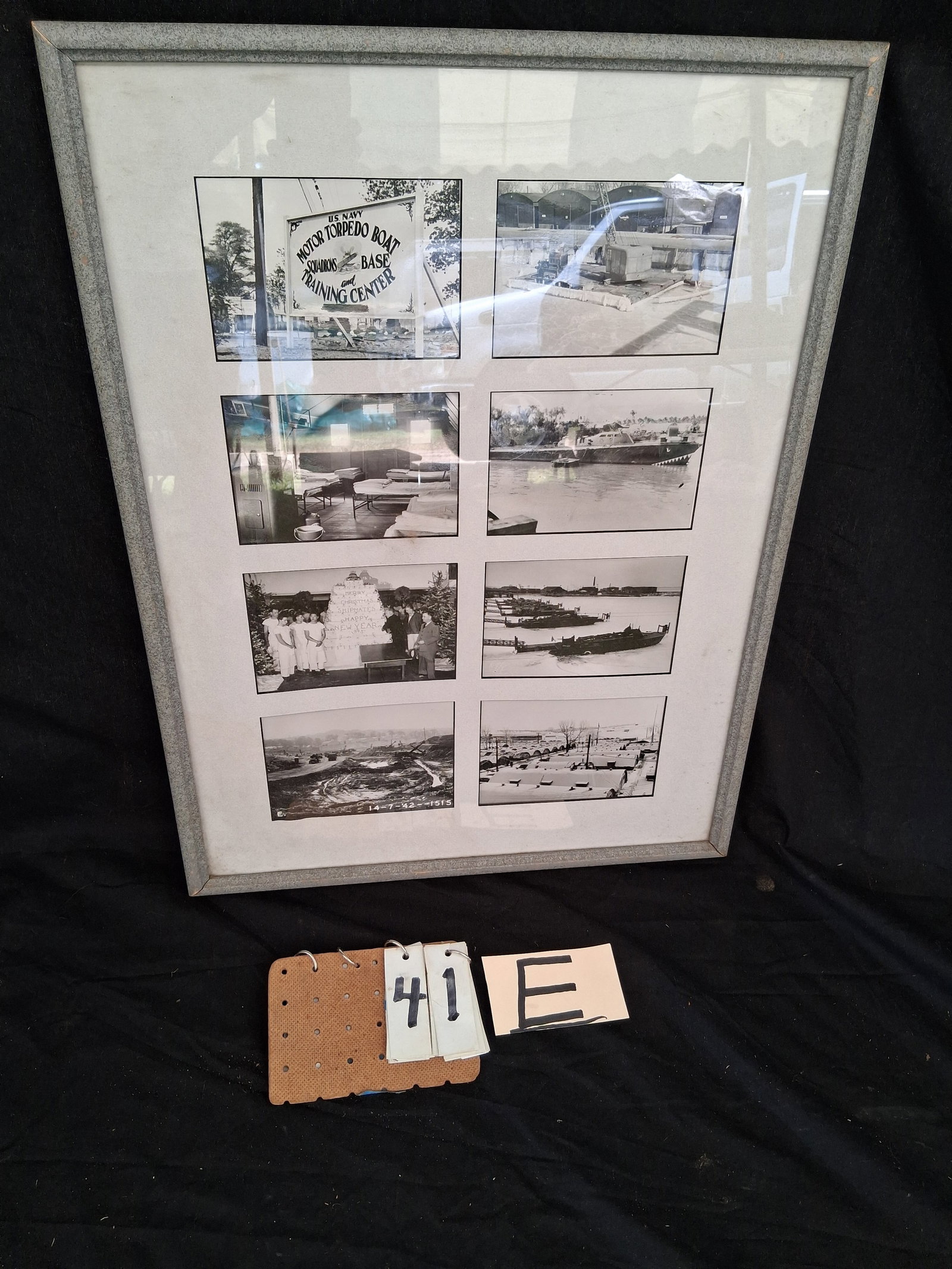 Eight Exceptional US Navy WWII Era Photos Circa 1945: Eight exceptional US Navy WWII photos circa 1945. US Navy Motor Torpedo Boat Squadrons Base and Training Center. All framed together. Frame is 19.75"w x 26.5"h. See photos.