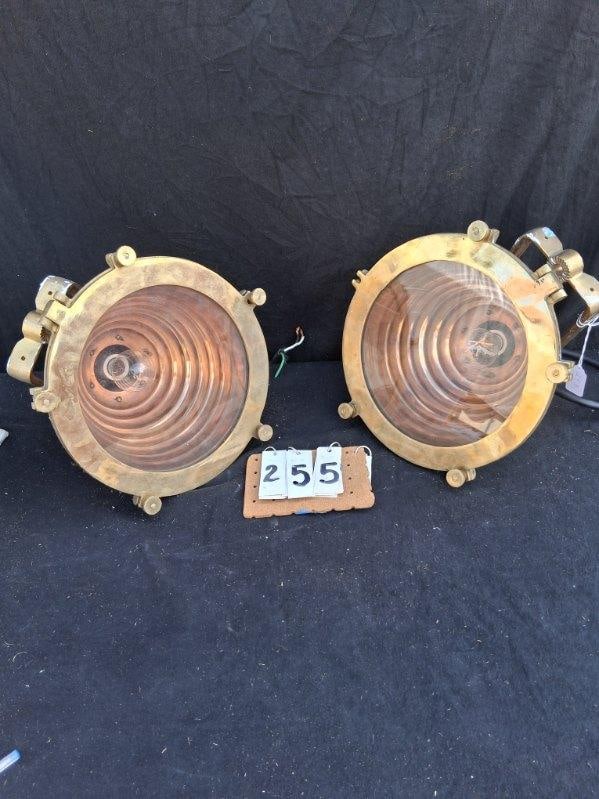 Pair of Signed Wiska Solid Brass and Copper Nautical Light Fixtures: Pair of adjustable solid brass and copper nautical light fixtures. Heavy gauge construction. Signed Wiska.12"l x 12"w x 20.75"h. See photos. From the Dr. Thomas Fallon Collection.