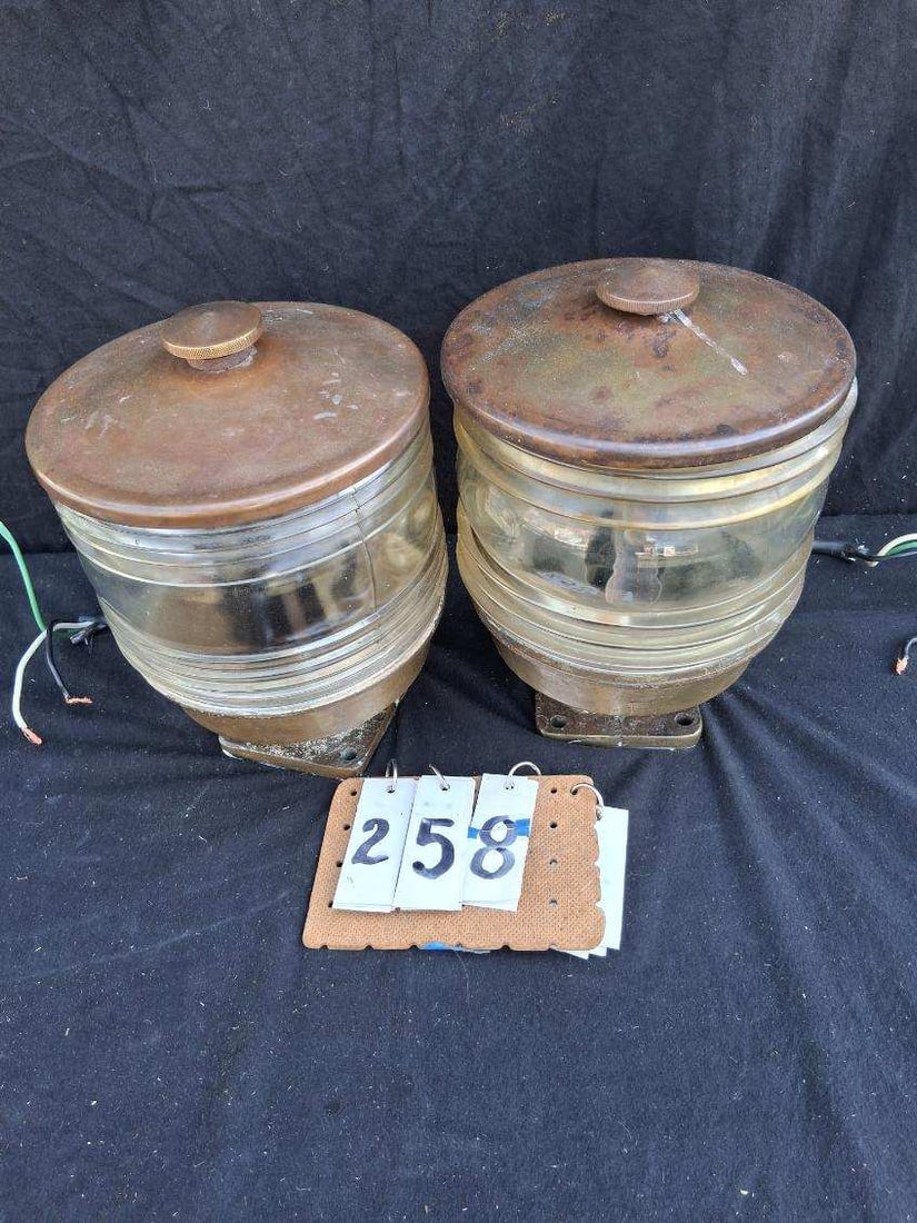 Pair of Nautical Heavy Brass and Glass Ceiling Light Fixtures: Pair of nautical heavy brass and glass ceiling light fixtures. 8"l x 8"w x 11.25"h. See photos. From the Dr. Thomas Fallon Collection.