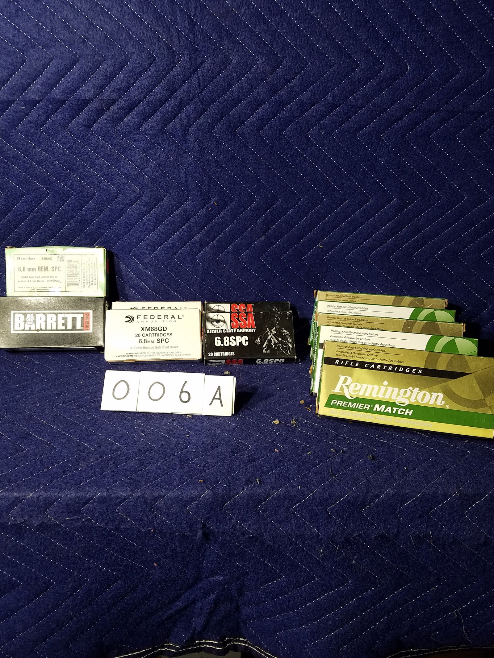 6.8 SPC Ammo: 6.8 SPC ammunition. Two boxes of SSA (30 rounds). Two boxes of Federal, 90 grain (40 rounds). Five boxes of Remington, 115 grain (100 rounds). One box of Barrett, 115 grain (30 rounds). One box of