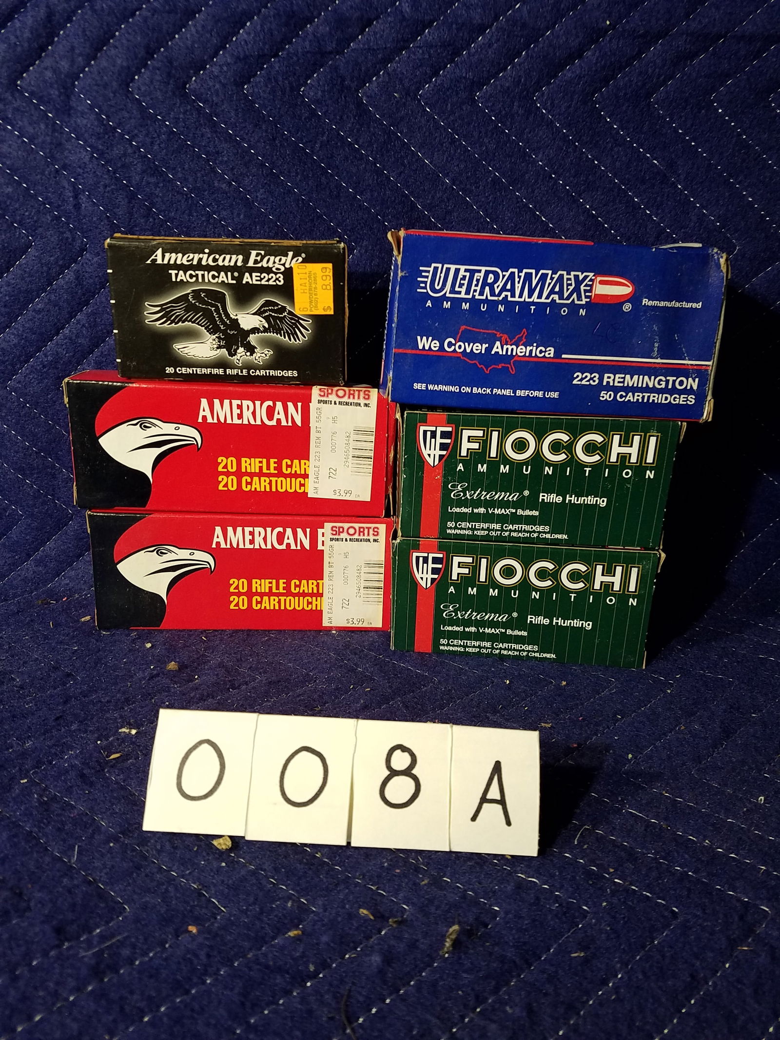223 Remington Ammo: 223 Remington ammunition. Three boxes of American Eagle, 55 grain FMJ (60 rounds). One box of Ultra Max (27 rounds). Two boxes of Fiocchi, 50 grain (100 rounds). 187 rounds total. See photos.