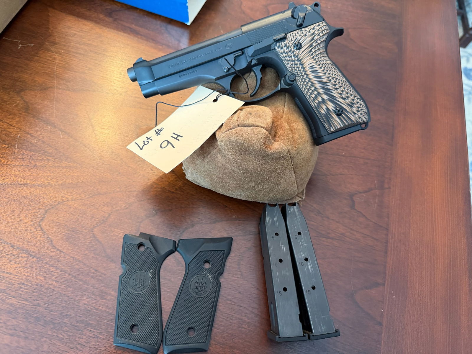 Beretta 92FS: Beretta 92FS. 9mm. Has G10 grips, also comes with the original grips. Three 15-round magazines. As new, never fired. Serial No. BER423409. See photos. Magazines will go with the gun for LEO, FFL OR