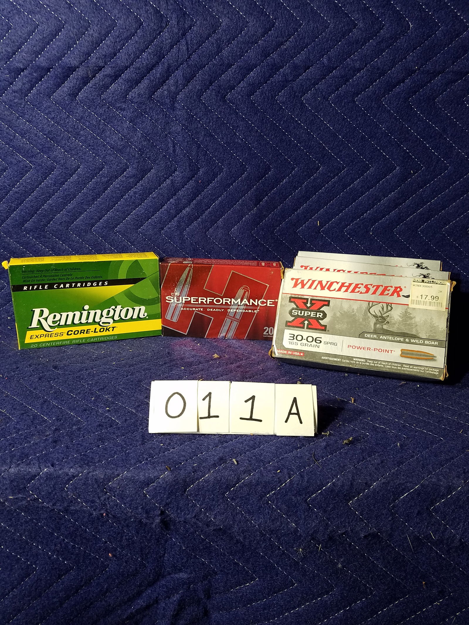 30-06 Springfield Ammo: 30-06 Springfield ammunition. Three boxes of Winchester, 180 grain PP (30 rounds) and 165 grain PP (4 rounds and 16 brass casings). One box of Hornady, 180 grain (20 rounds). One box of Remington,