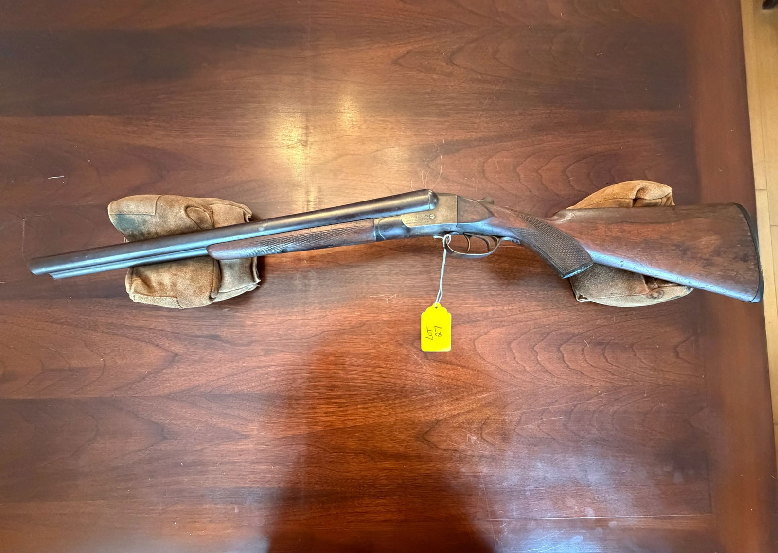 Hopkins Allen SxS: Hopkins Allen side by side shotgun. 12 gauge. 2.75" shells only. 18.5" barrels. Double triggers. Serial No. 34071. See photos.