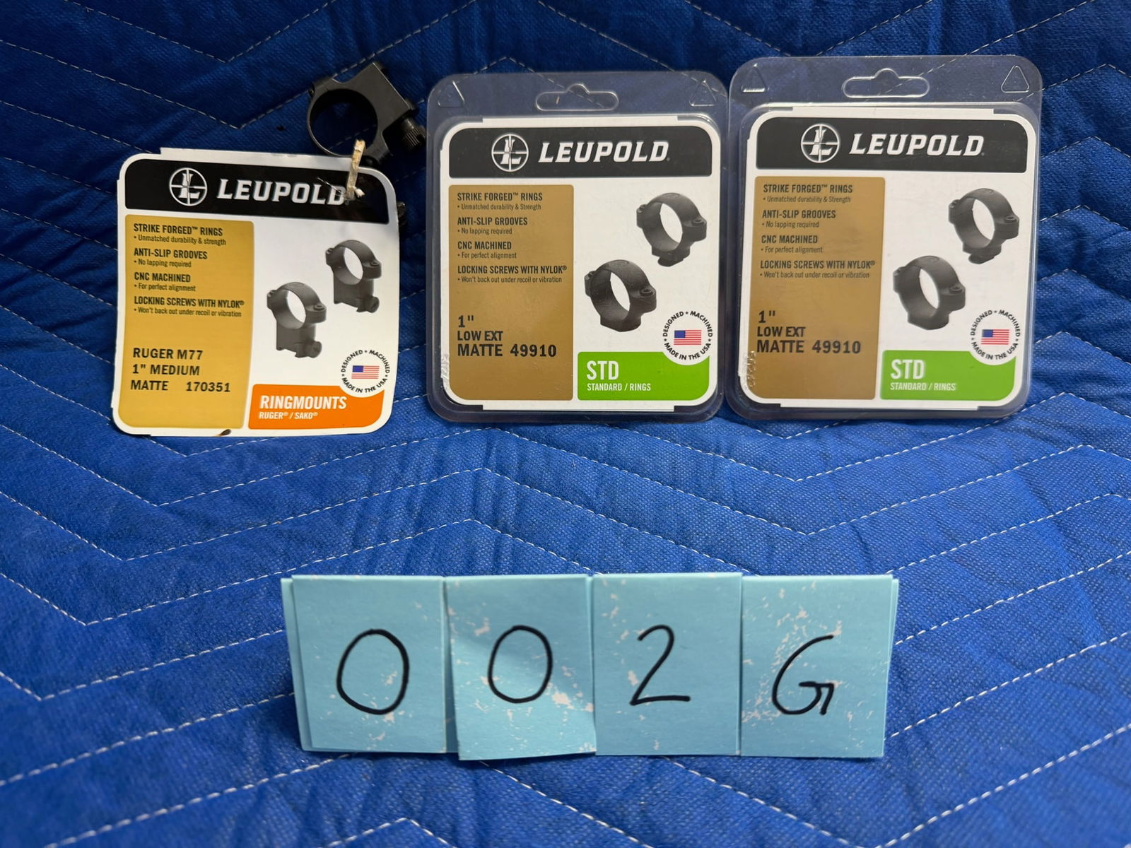 Leupold Scope Rings: Leupold scope rings. Two new one inch tube, low extension, matte, Part No. 49910. One used one inch tube, medium extension, matte, Part No. 170351. See photos.