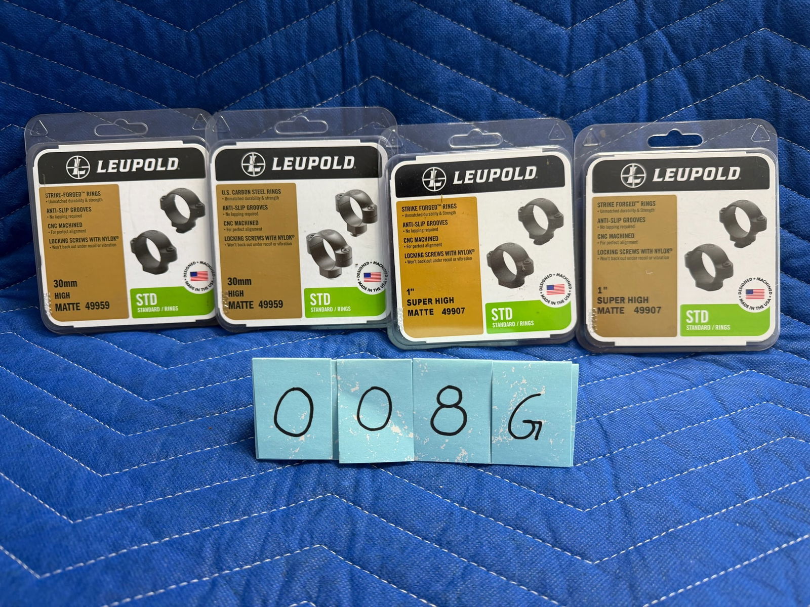 Leupold Scope Rings: Leupold scope rings. Two new one inch tube, super high extension, matte, Part No. 49907. Two new 30mm tube, high extension, matte, Part No. 49959. See photos.