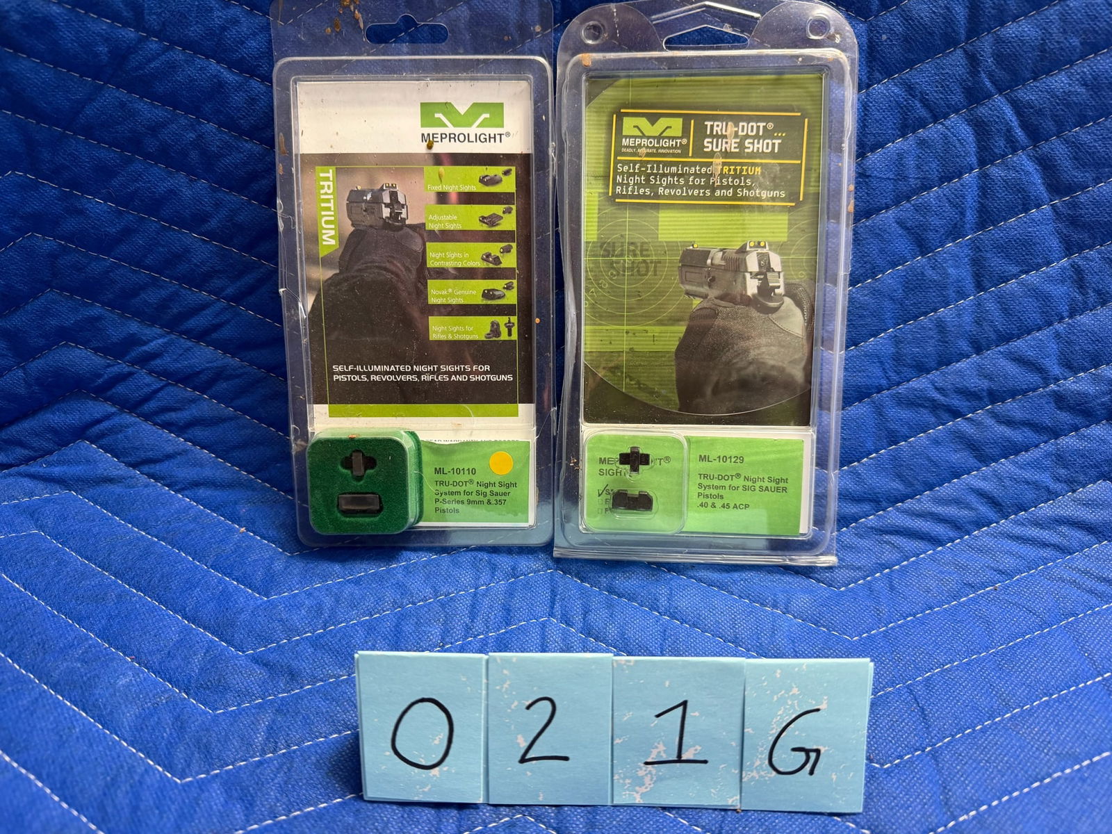 Two MeproLight Tritium Handgun Sights: Two MeproLight Tritium handgun sights. New in the packages. One for Sig Sauer 40 caliber and 45 caliber, Model No. ML-10129. One for Sig Sauer P-Series 9mm and 357, Model No. ML-10110. See photos.
