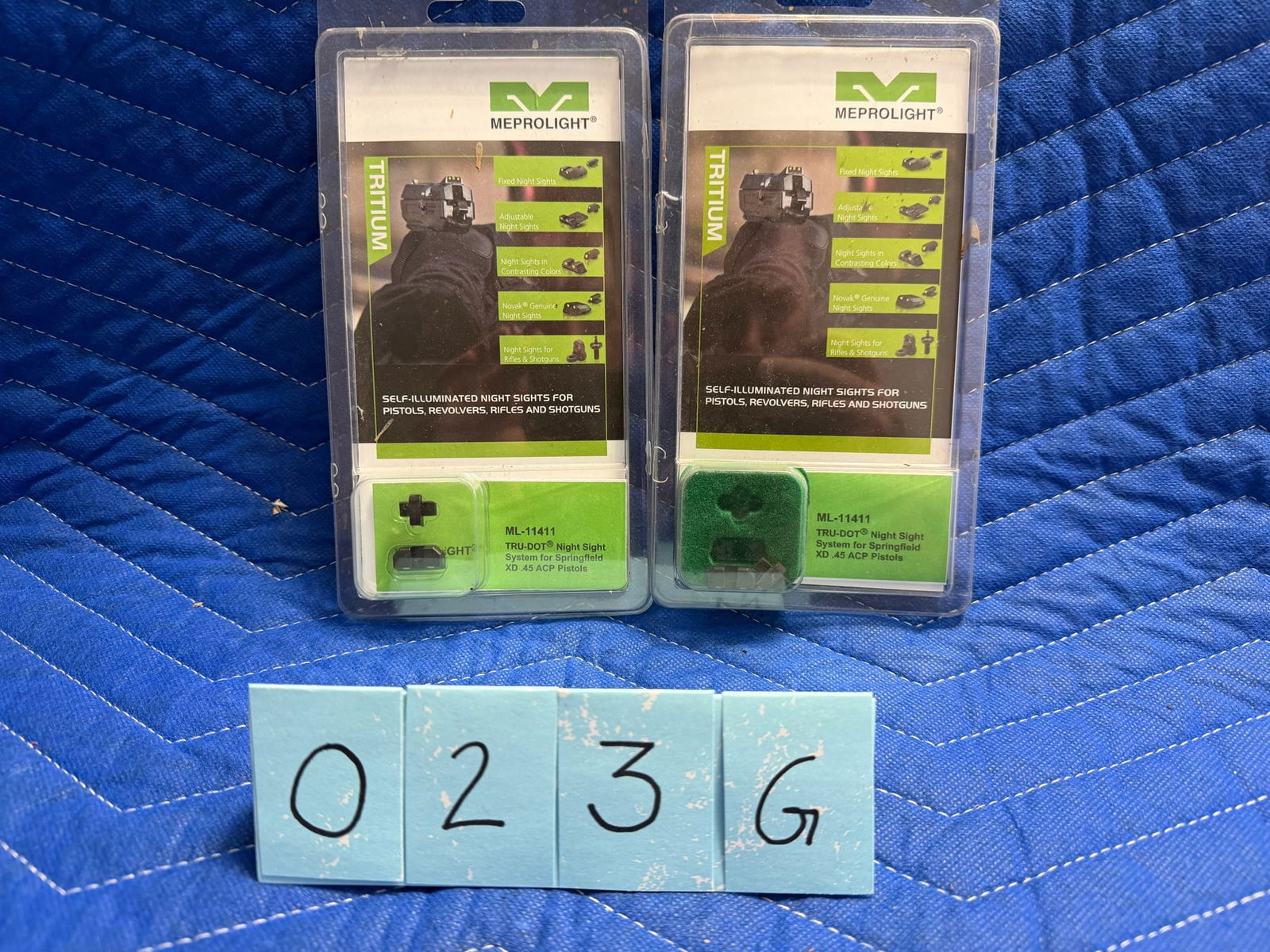 Two MeproLight Tritium Handgun Sights: Two MeproLight Tritium handgun sights. New in the packages. For Springfield XD, 45 caliber, Model No. ML-11411. See photos.