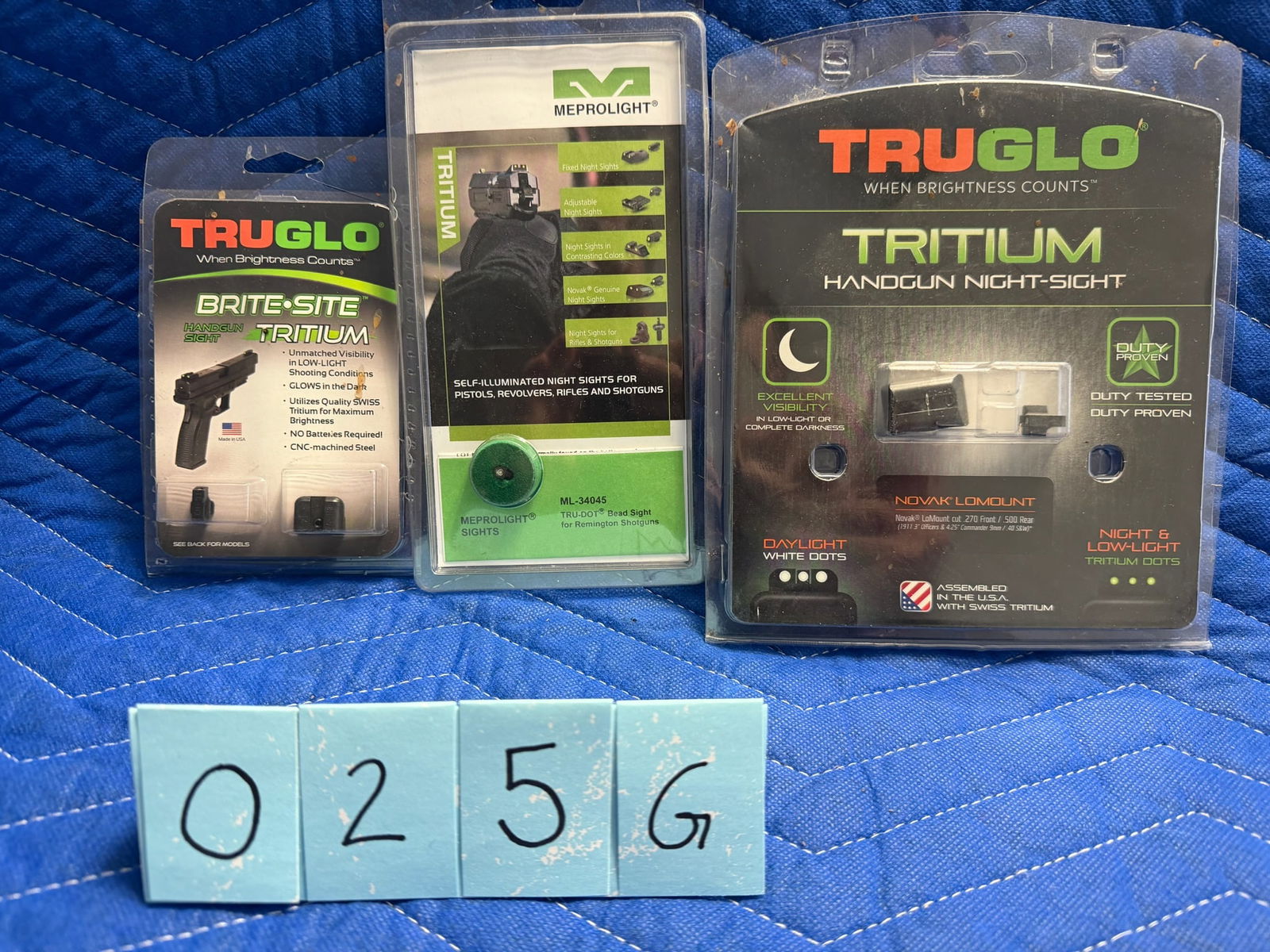 Three Tritium Sights: Three Tritium sights. New in the packages. One TruGlo for Springfield XD, XDM, or XDS, Model No. TG231X. One TruGlo for various handguns, Model No. TG231N4. One MeproLight bead sight for Remington sho